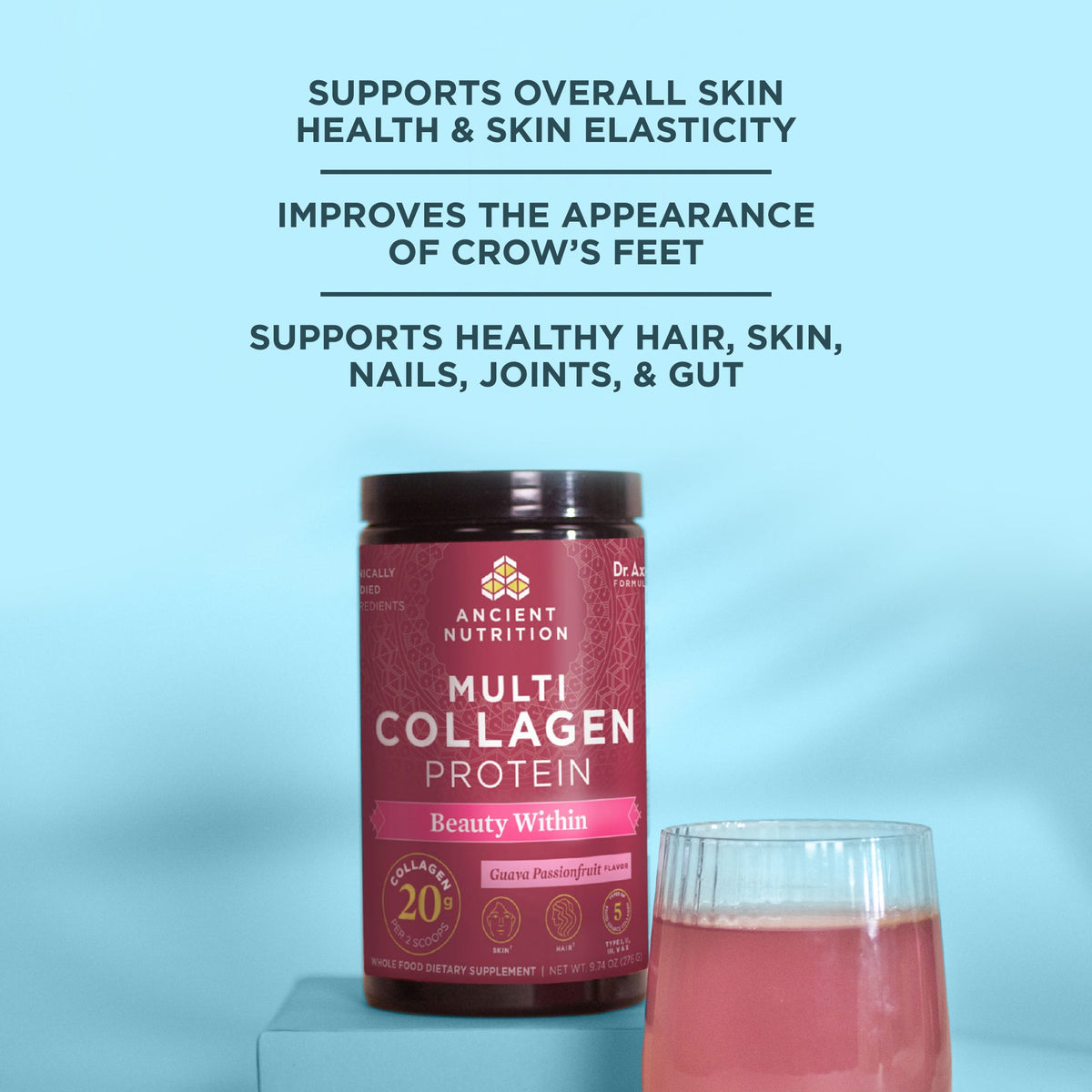 Multi Collagen Protein Beauty Within Powder on a blue background next to a cup