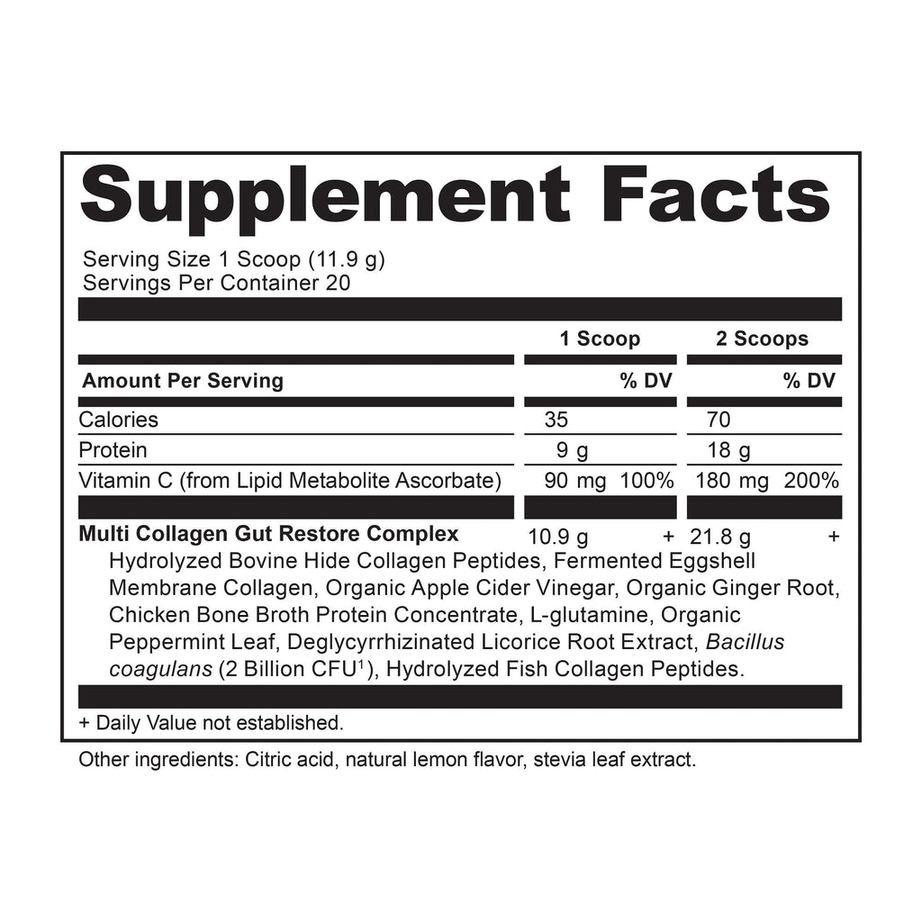 Multi Collagen Protein Gut Restore Powder Lemon Ginger (20 Servings) supplement facts panel