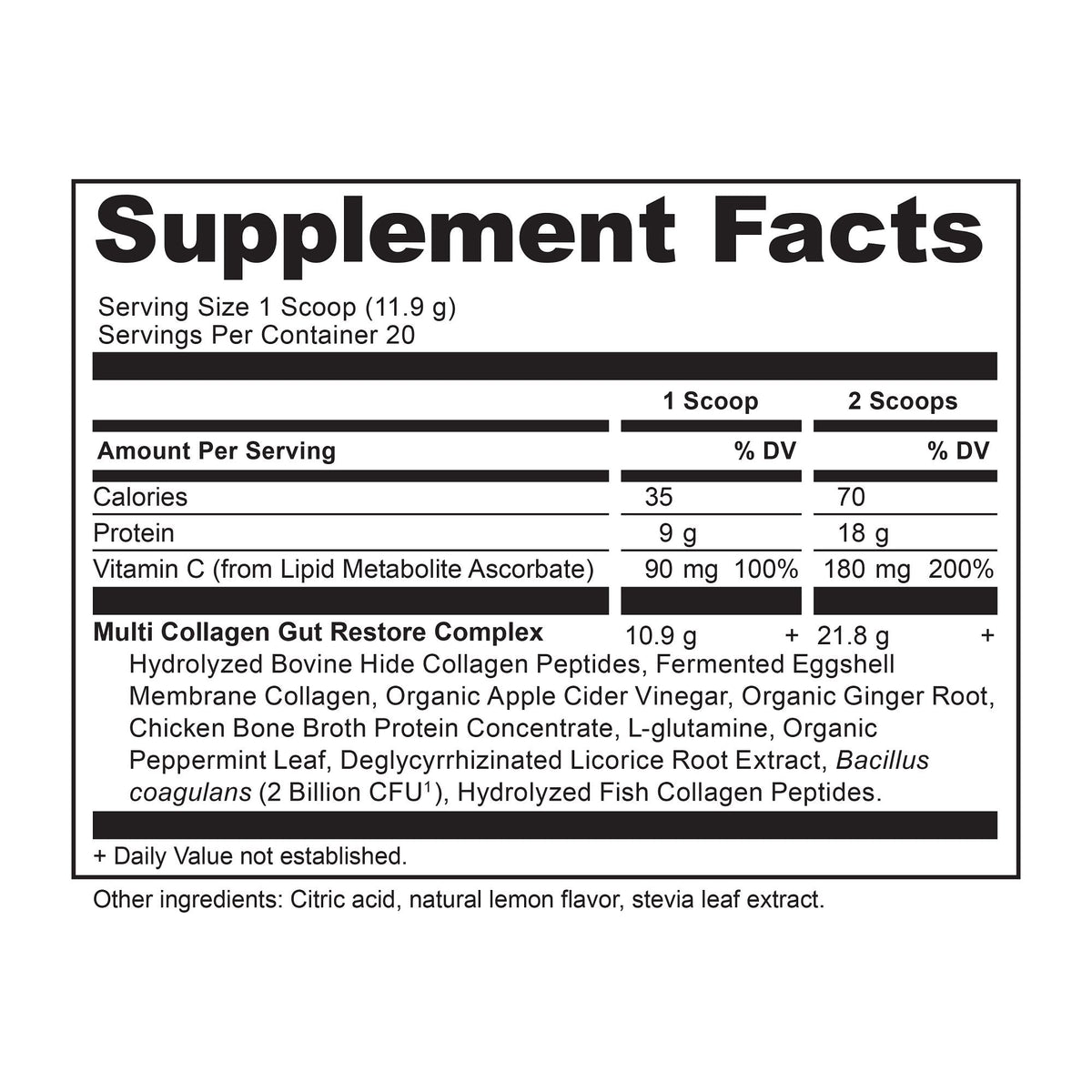 Multi Collagen Protein Gut Restore Powder Lemon Ginger (20 Servings) supplement facts panel