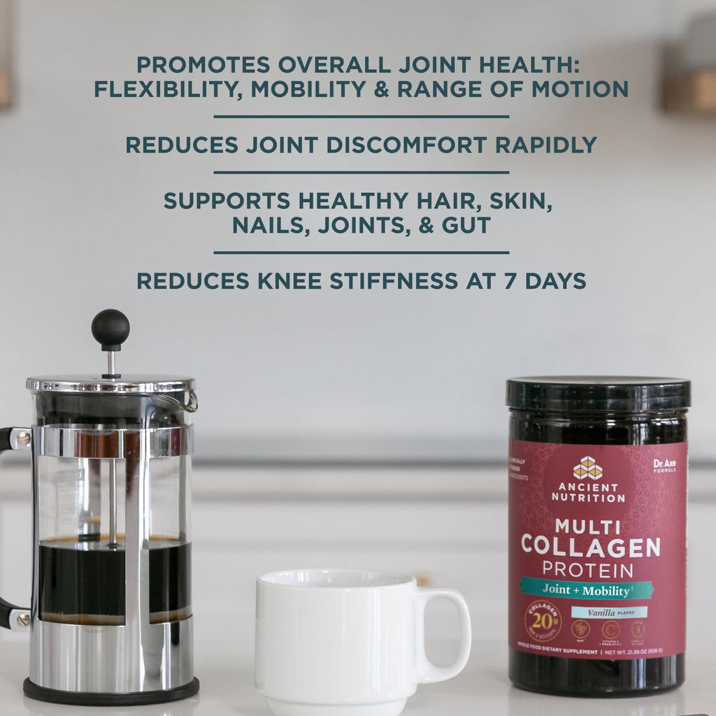 a bottle of Multi Collagen Protein Joint & Mobility Powder Vanilla (20 Servings) next to a french press