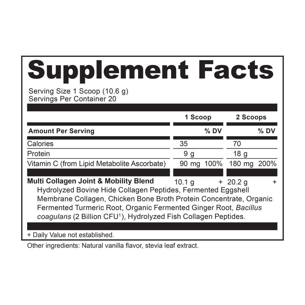 Multi Collagen Protein Joint & Mobility Powder Vanilla (20 Servings) supplement facts panel
