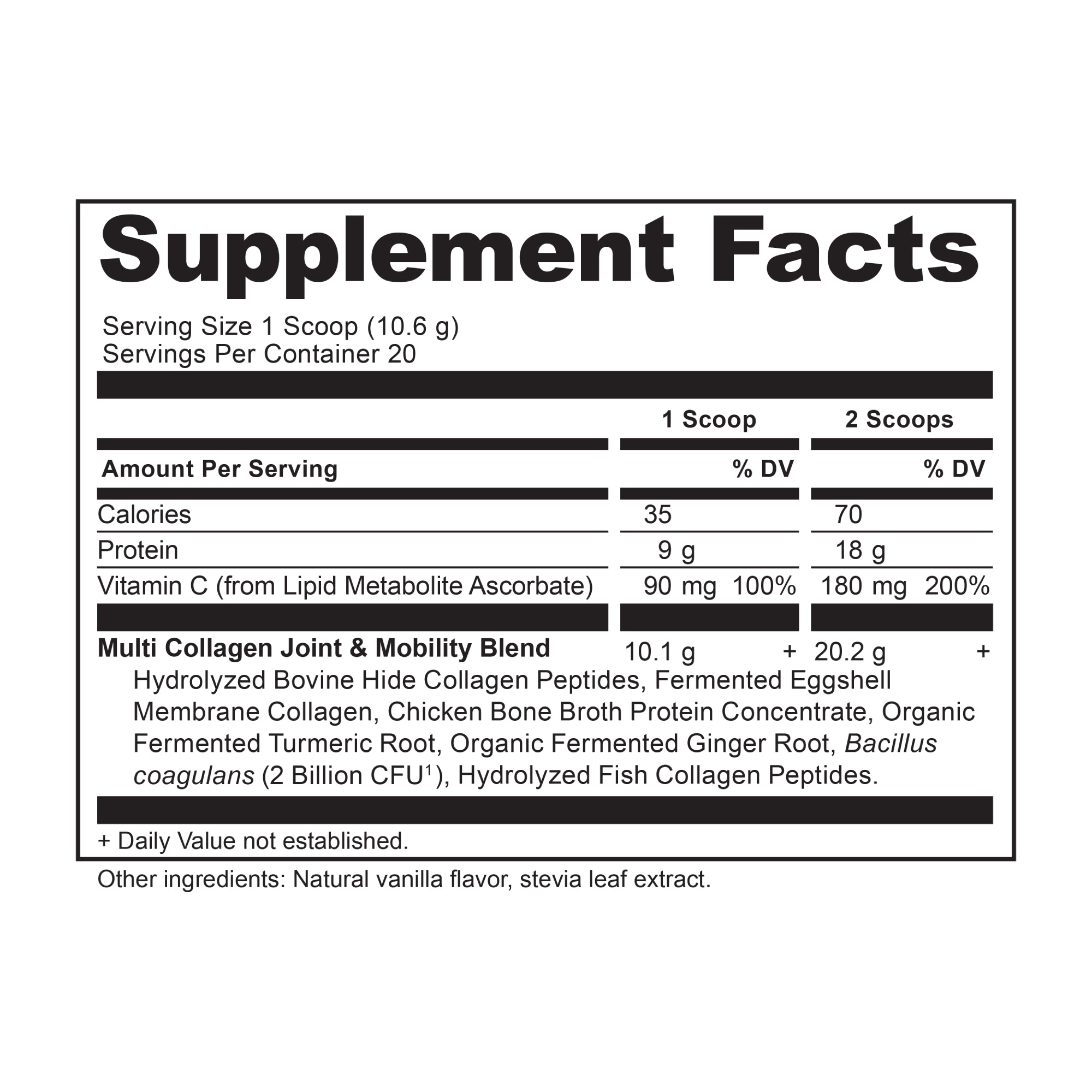 Multi Collagen Protein Joint & Mobility Powder Vanilla (20 Servings) supplement facts panel