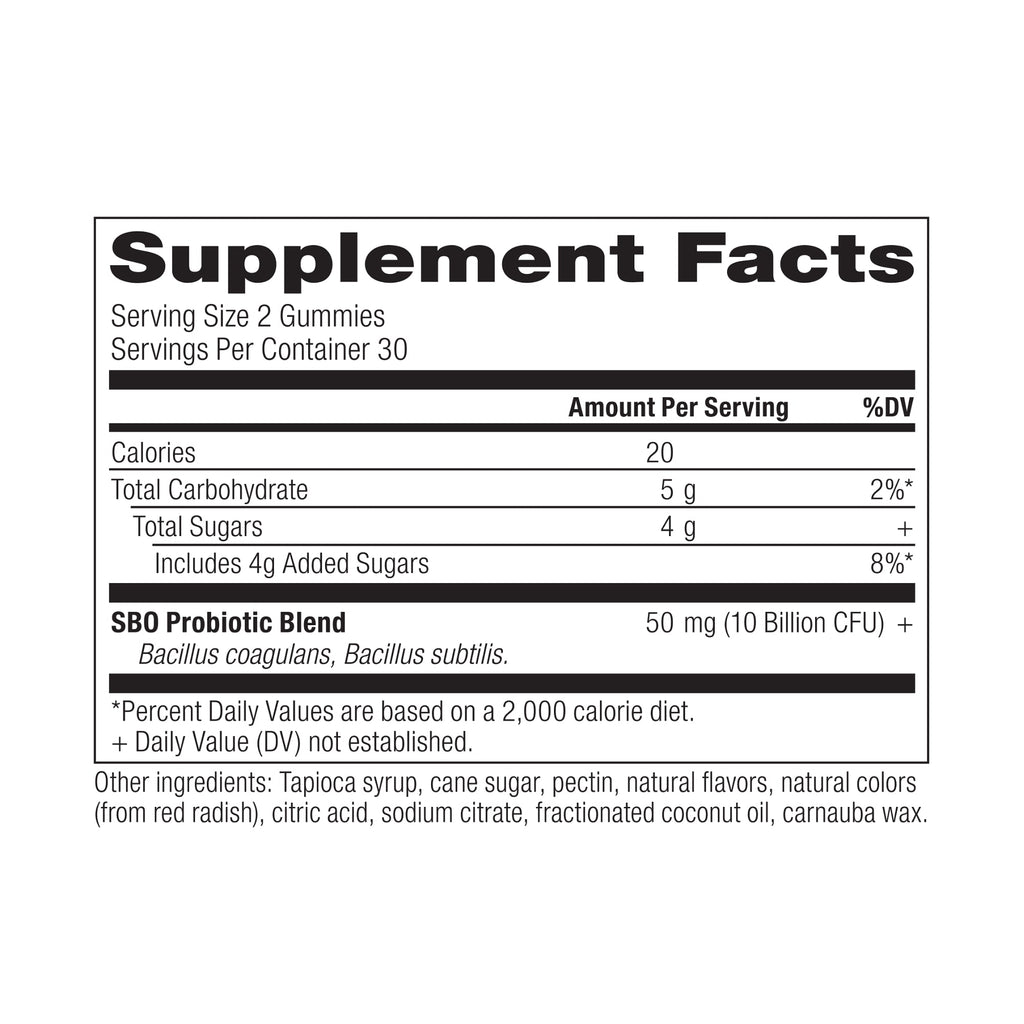 SBO Probiotics Gummies Berry (60 Gummies) supplement facts panel