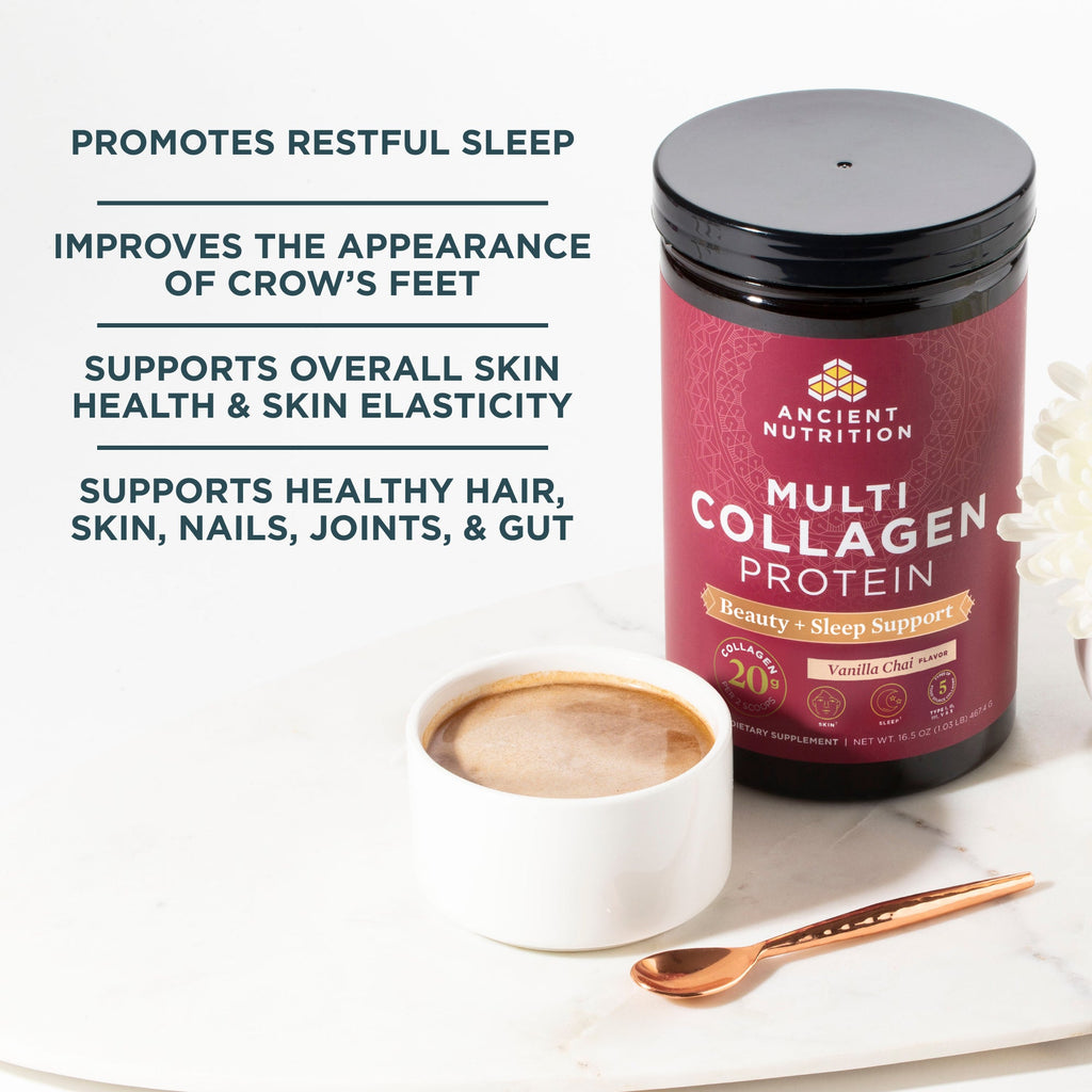 a bottle of Multi Collagen Protein Beauty + Sleep Support Powder (38 Servings) next to a white coffee cup