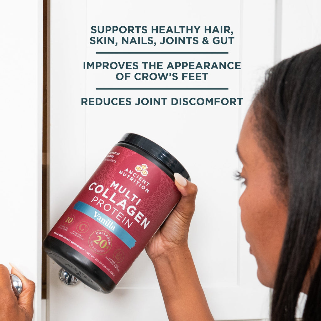 a woman taking a bottle of Multi Collagen Protein Powder Vanilla (60 Servings) out of a cabinet