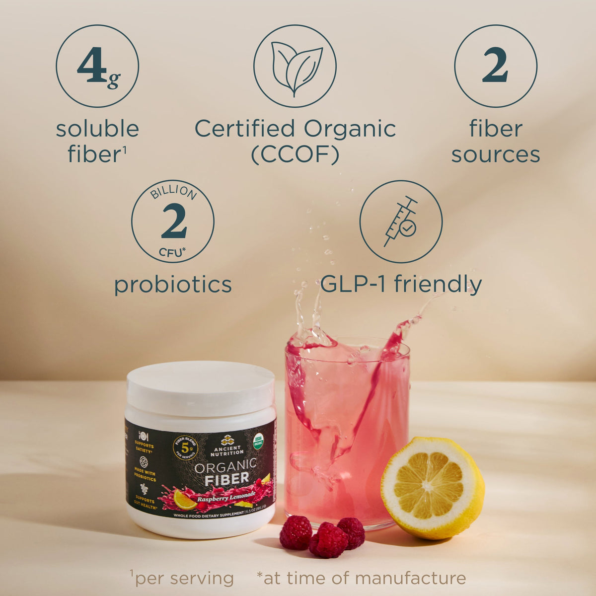 A jar of Organic Fiber supplement by NutriSense is displayed on a light beige surface next to a glass of pink drink with a lemon slice and raspberries. Above the product, five circular icons highlight key features: 4g soluble fiber, Certified Organic (CCOF), 2 fiber sources, 2 billion probiotics, and GLP-1 friendly.