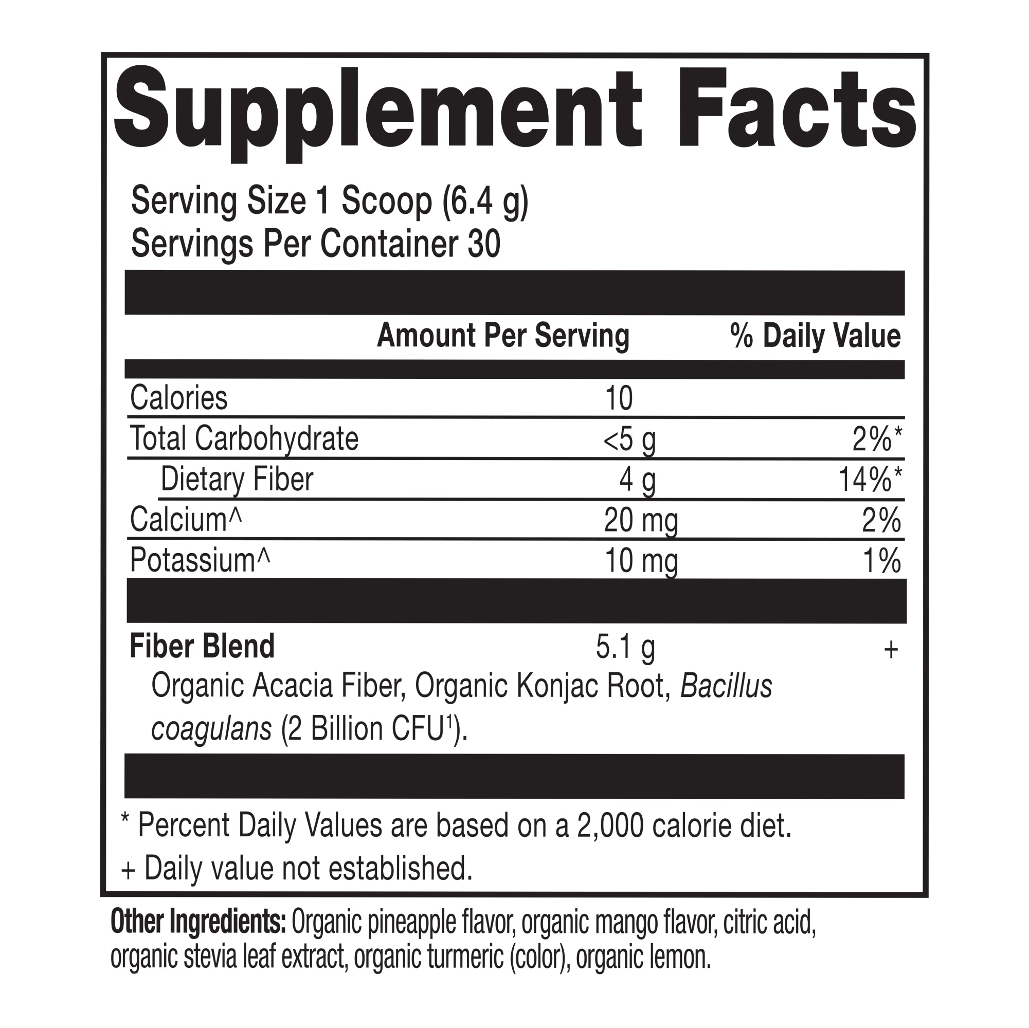 Organic Fiber Powder Pineapple Mango Flavor (30 Servings) supplement facts panel