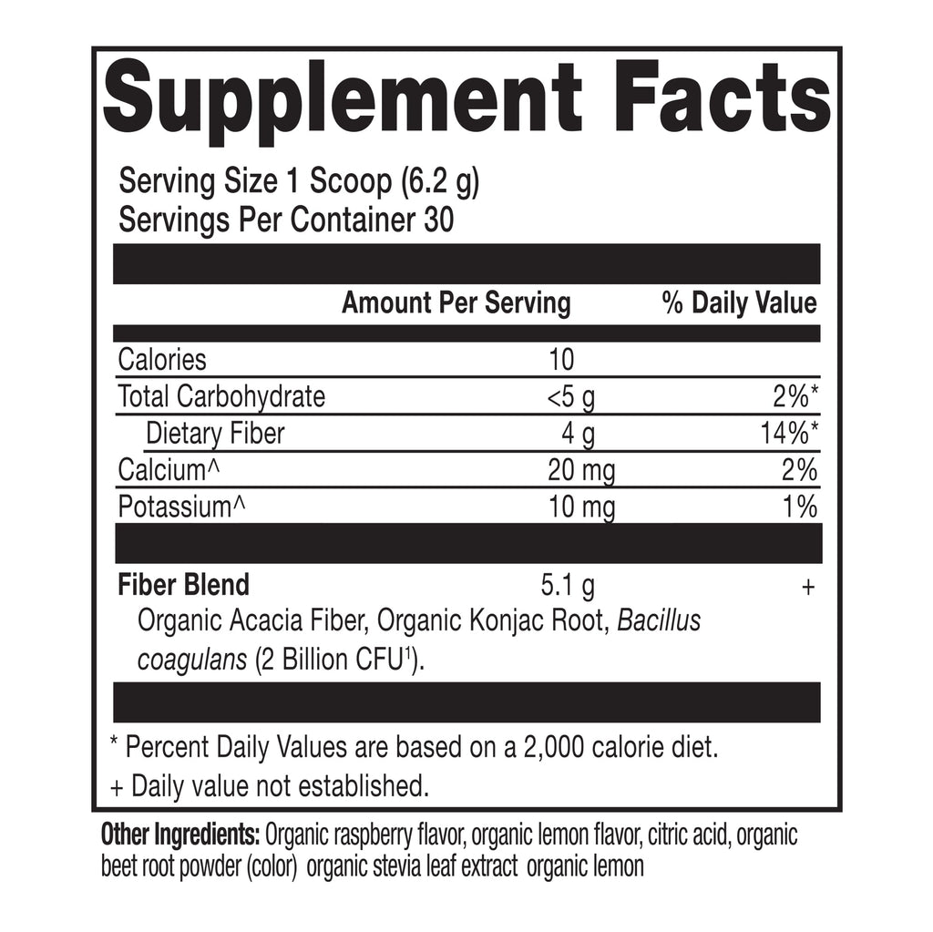 Organic Fiber Powder Raspberry Lemonade Flavor (30 Servings) supplement facts panel