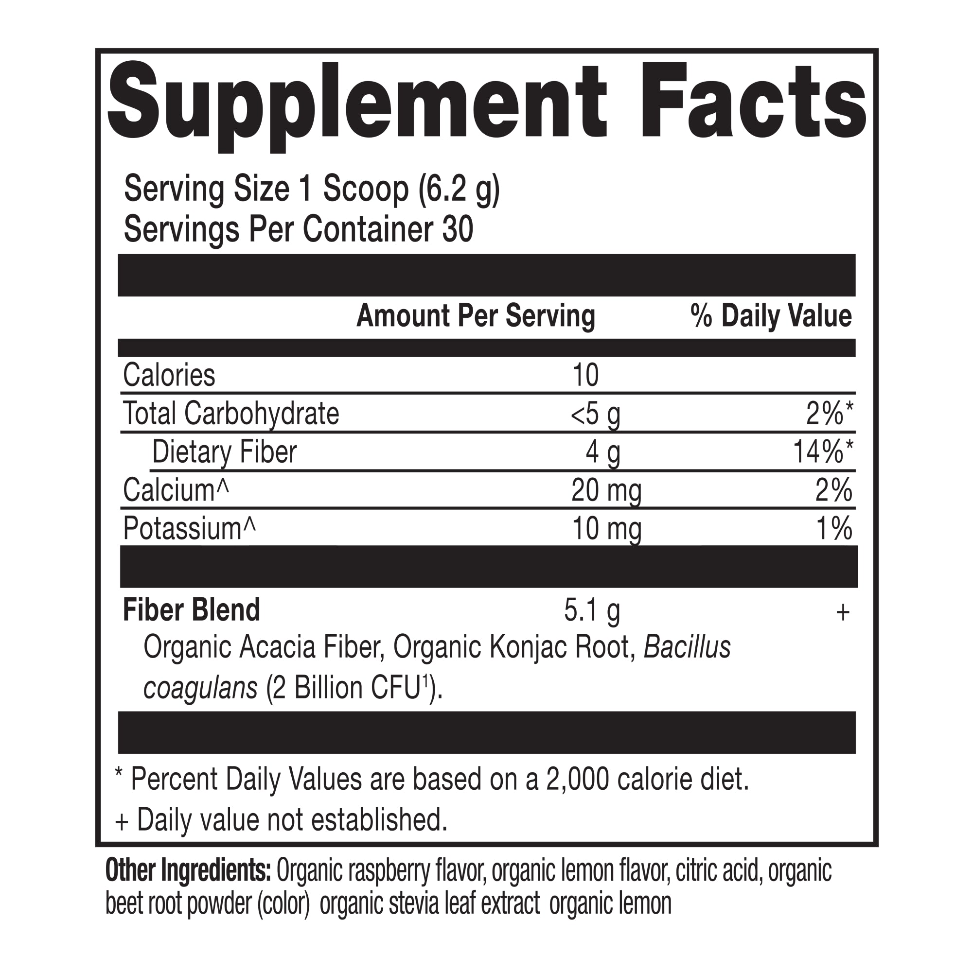 Organic Fiber Powder Raspberry Lemonade Flavor (30 Servings) supplement facts panel