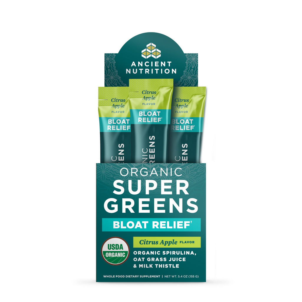 Organic SuperGreens Bloat Relief† Stick Packs Powder Citrus Apple Flavor (16 Servings) bottle