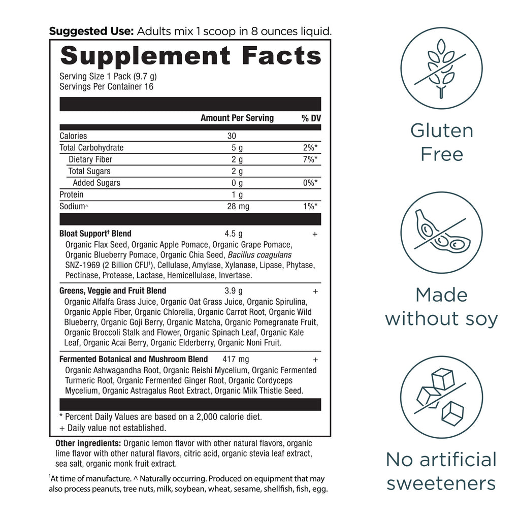 Organic SuperGreens Bloat Relief† Stick Packs Powder Citrus Apple Flavor (16 Servings) supplement facts panel
