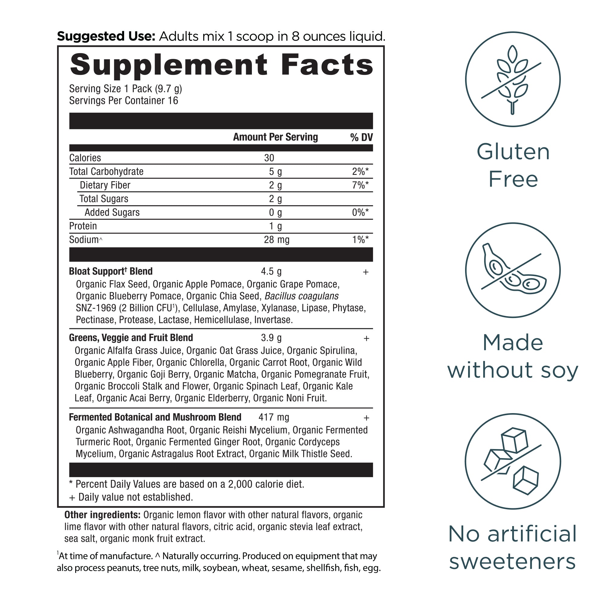 Organic SuperGreens Bloat Relief† Stick Packs Powder Citrus Apple Flavor (16 Servings) supplement facts panel