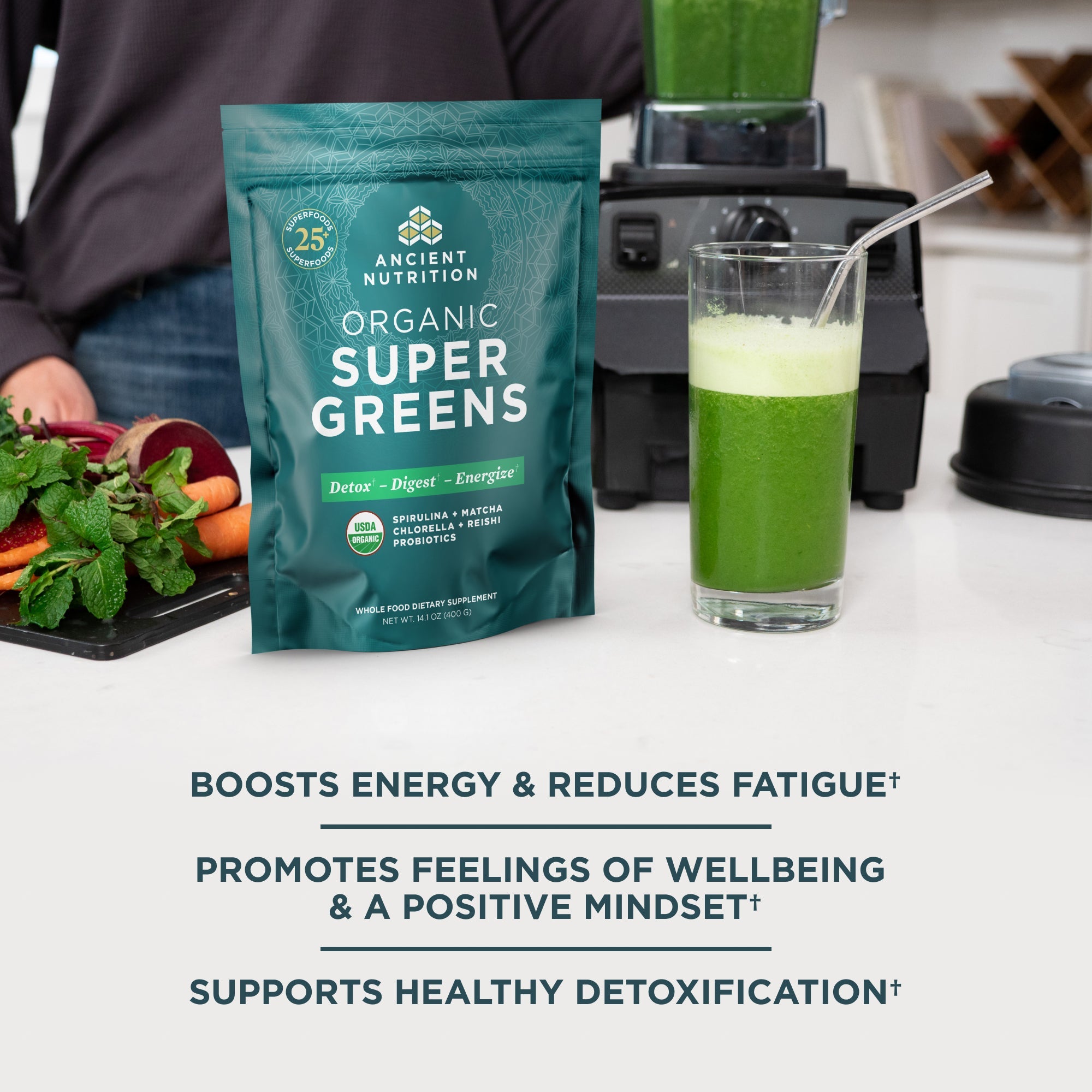 Organic SuperGreens Powder Greens Flavor (50 Servings) next to a blender