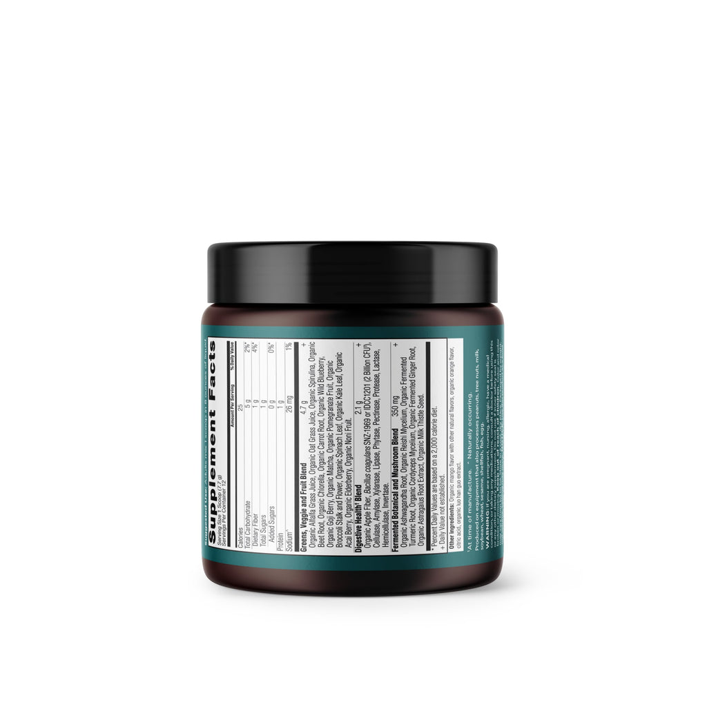 Organic SuperGreens Powder Mango Flavor (12 Servings) back of bottle