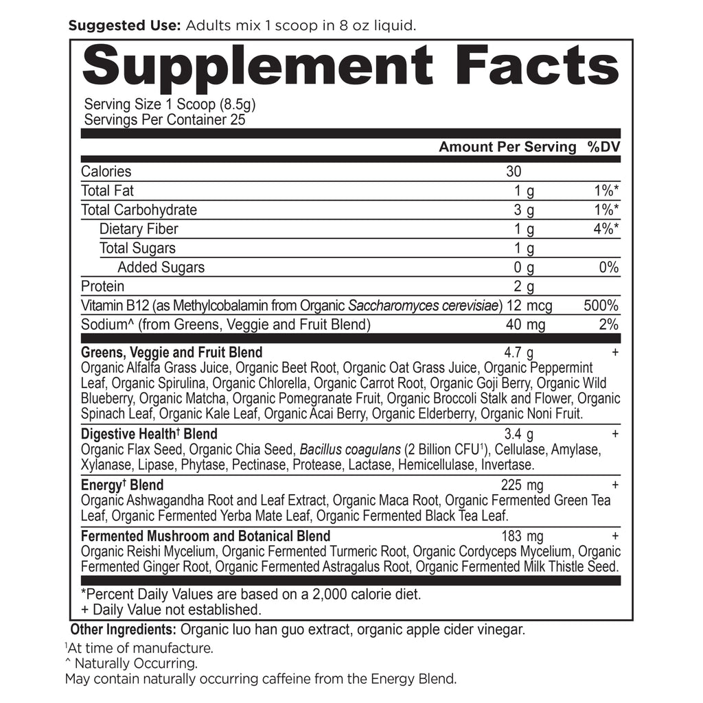 Organic SuperGreens Energizer Powder (25 Servings) supplement facts panel