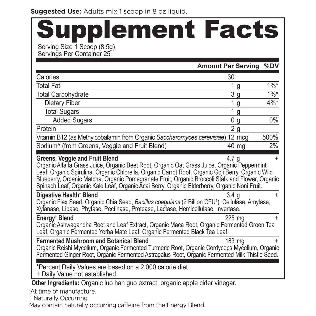 Organic SuperGreens Energizer Powder (25 Servings) supplement facts panel
