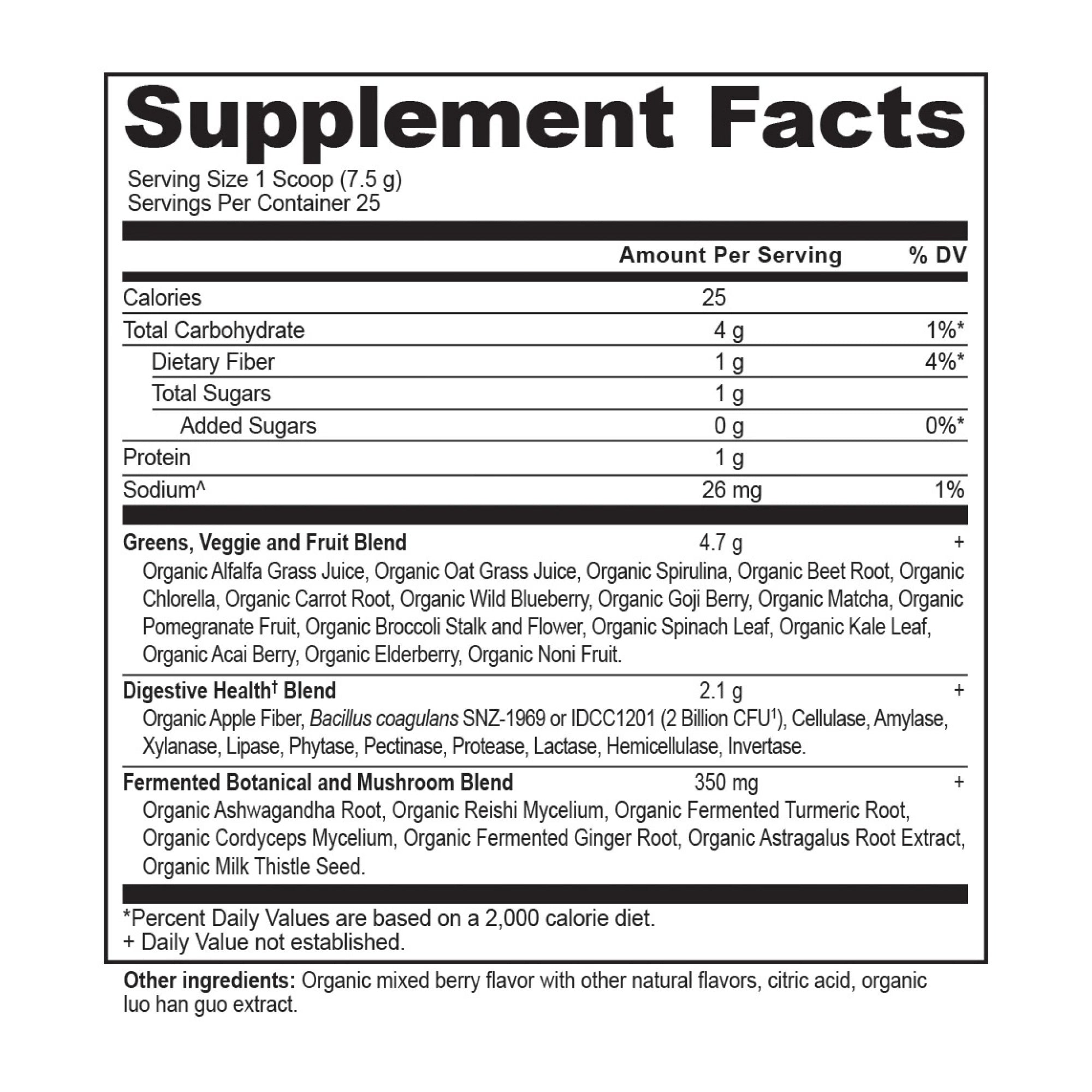 Organic SuperGreens Powder Berry Flavor (25 Servings) supplement facts panel