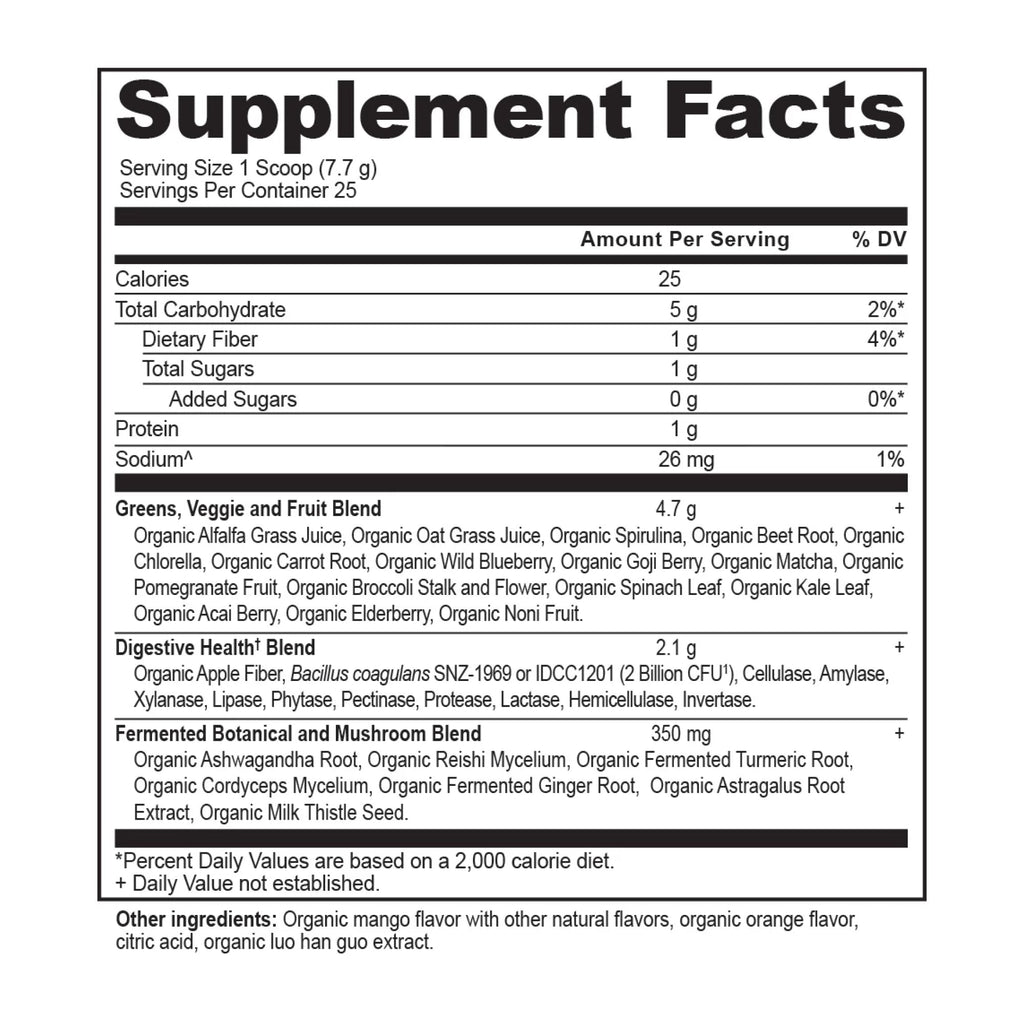 Organic SuperGreens Powder Mango Flavor (25 Servings) supplement facts panel