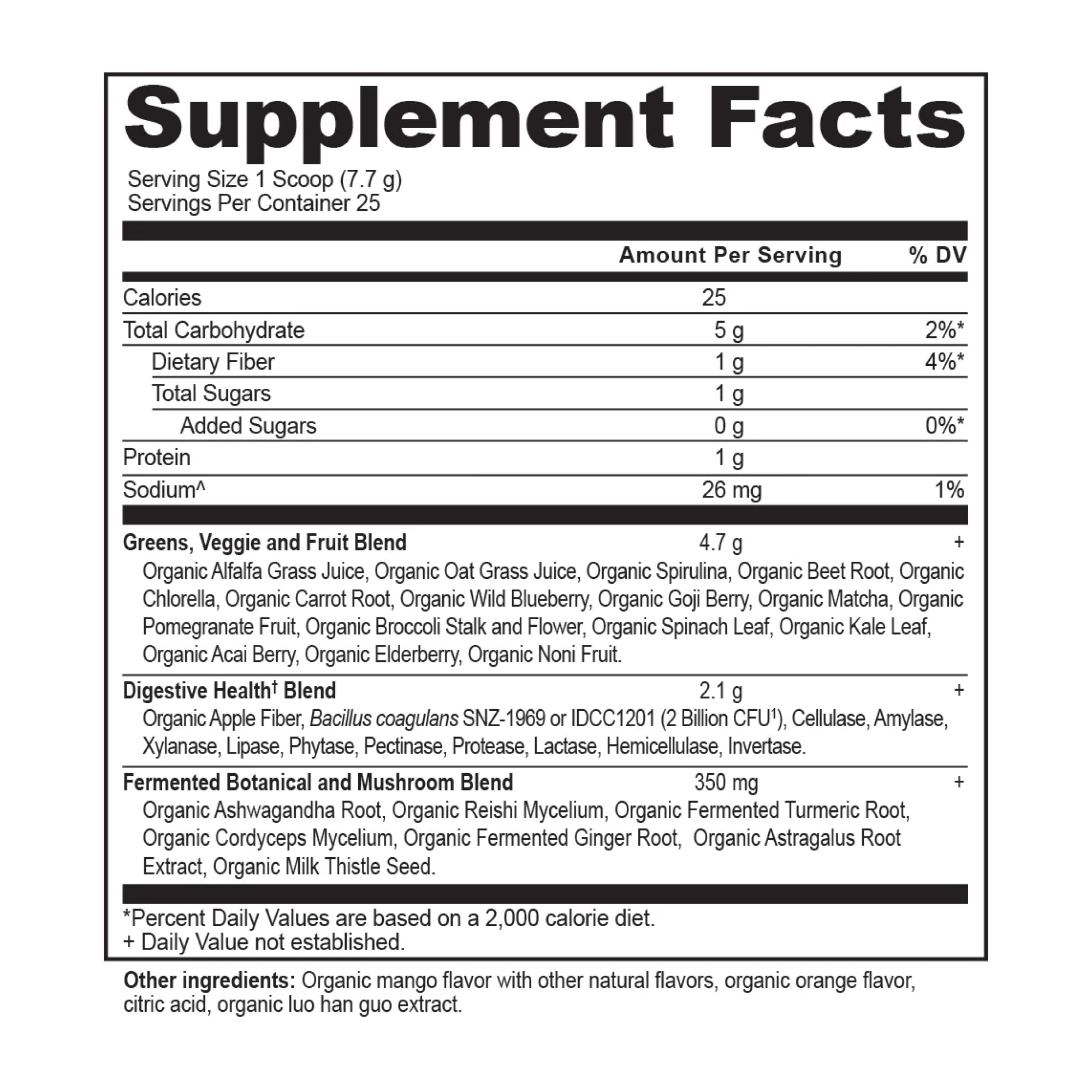 Organic SuperGreens Powder Mango Flavor (25 Servings) supplement facts panel