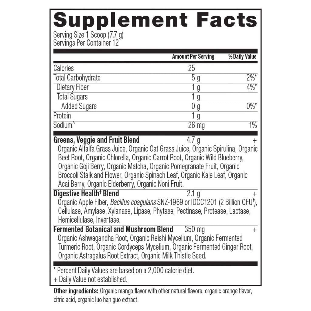 Organic SuperGreens Powder Mango Flavor (12 Servings) supplement label