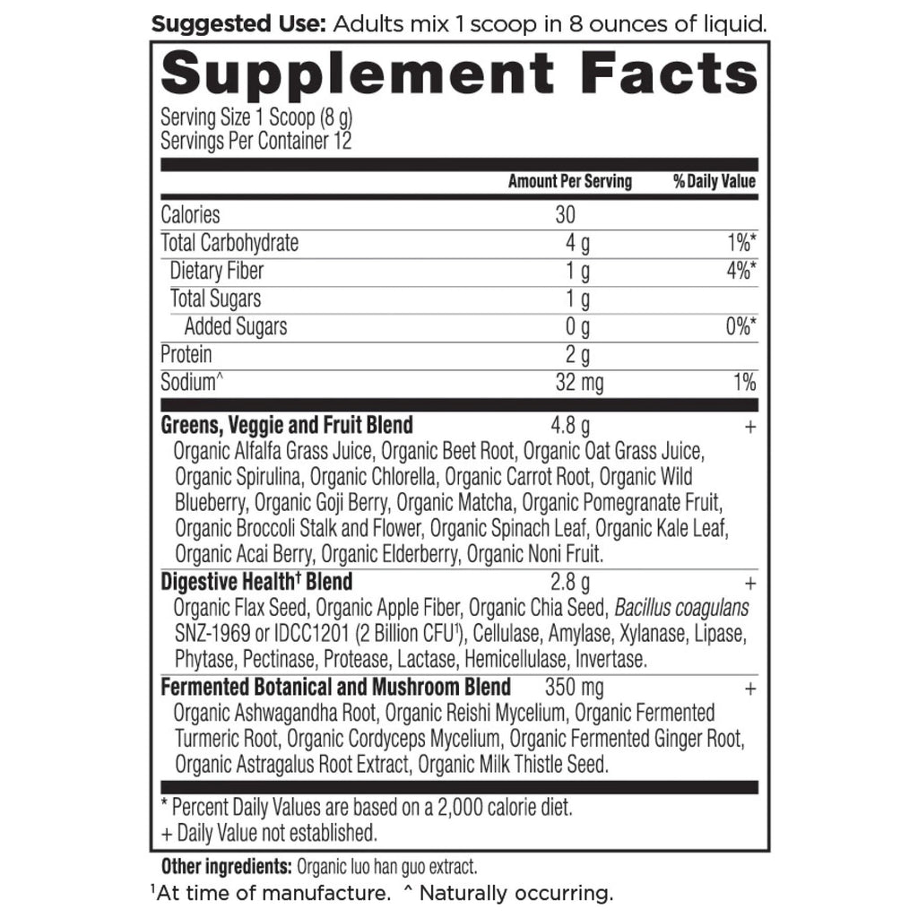 Organic SuperGreens Powder Greens Flavor (12 Servings) supplement facts panel