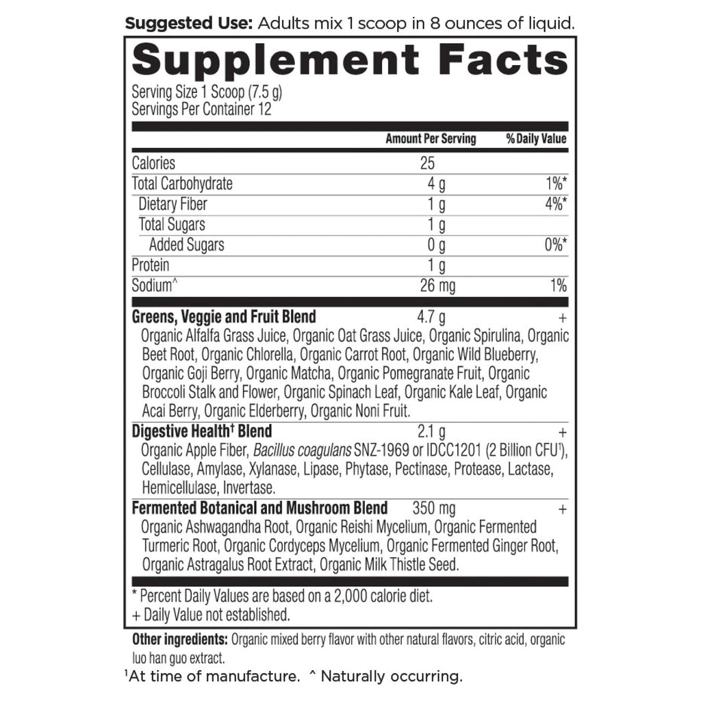 Organic SuperGreens Powder Berry Flavor (12 Servings) supplement facts panel