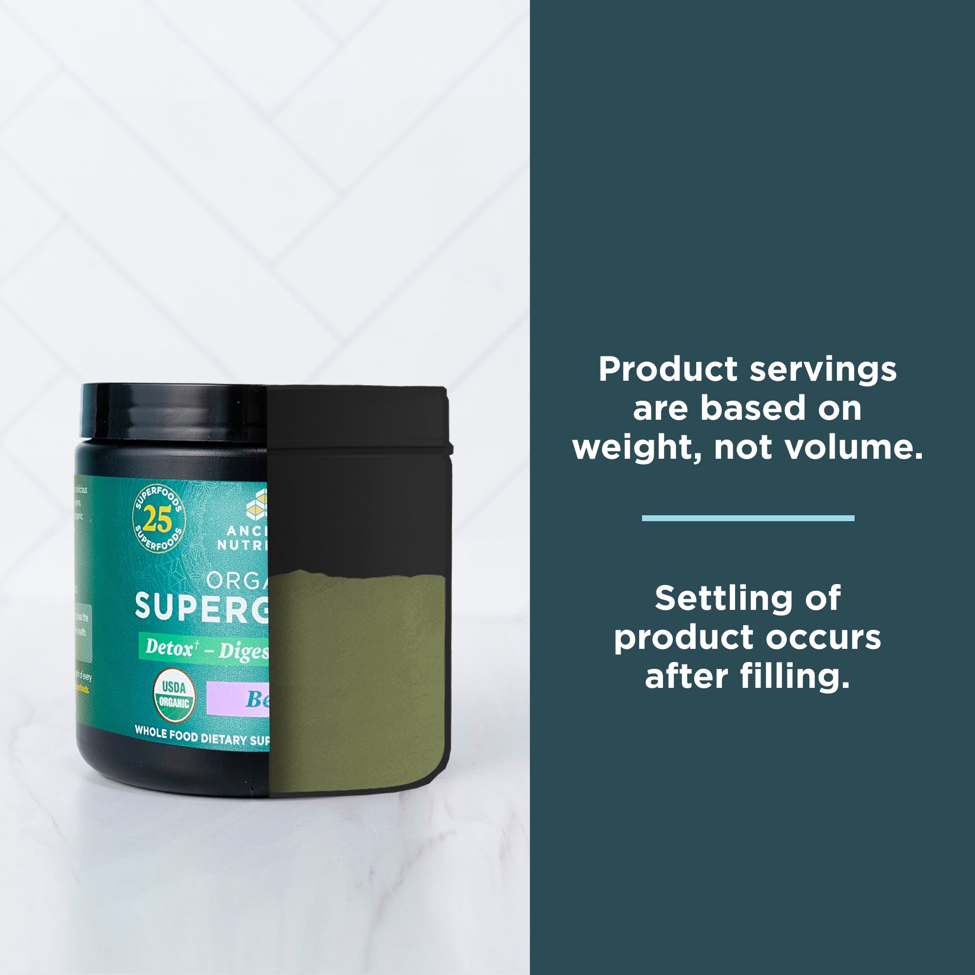 a bottle of Organic SuperGreens Powder Berry Flavor (12 Servings) 1/2 full