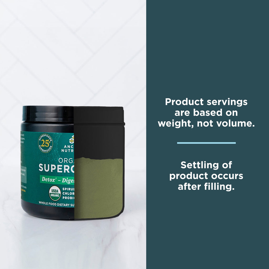a bottle of Organic SuperGreens Powder Greens Flavor (12 Servings) 1/2 full