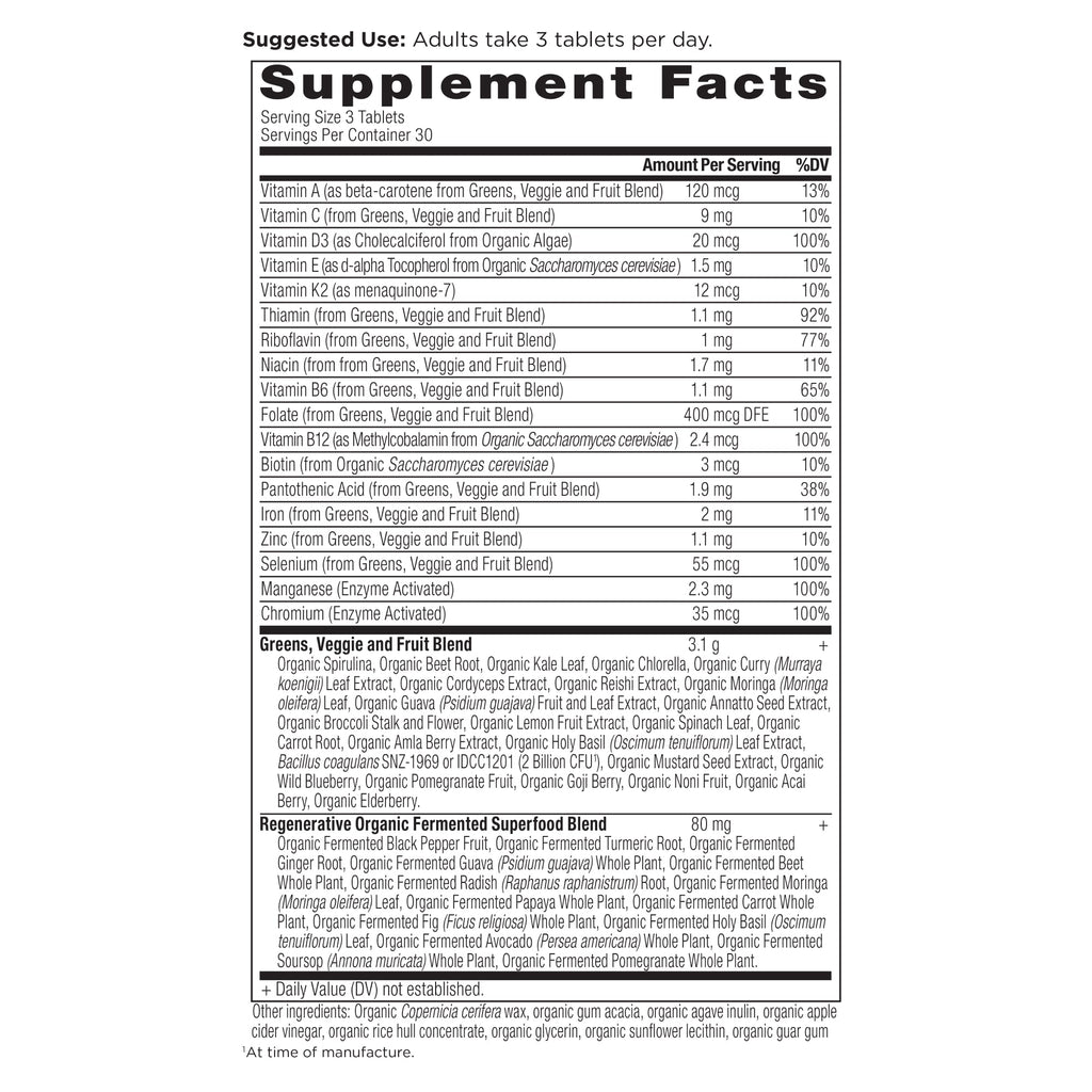 Organic Super Greens + Organic Multi Tablet (90 Tablets) supplement facts panel