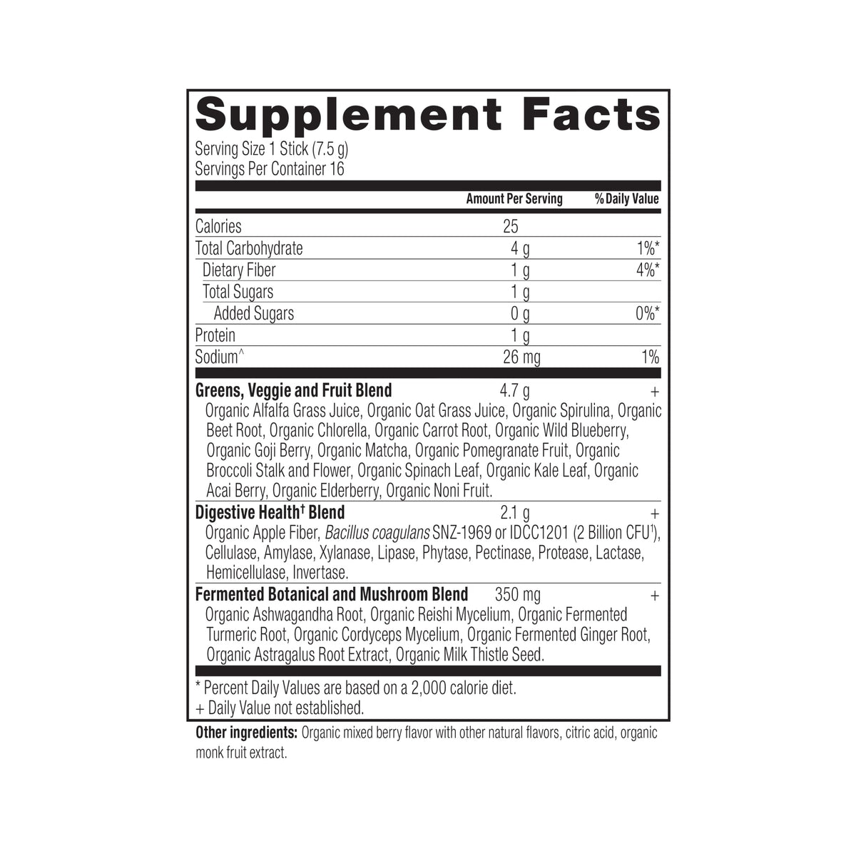 Organic SuperGreens Stick Packs Powder Berry Flavor 16 Count Box supplement facts panel