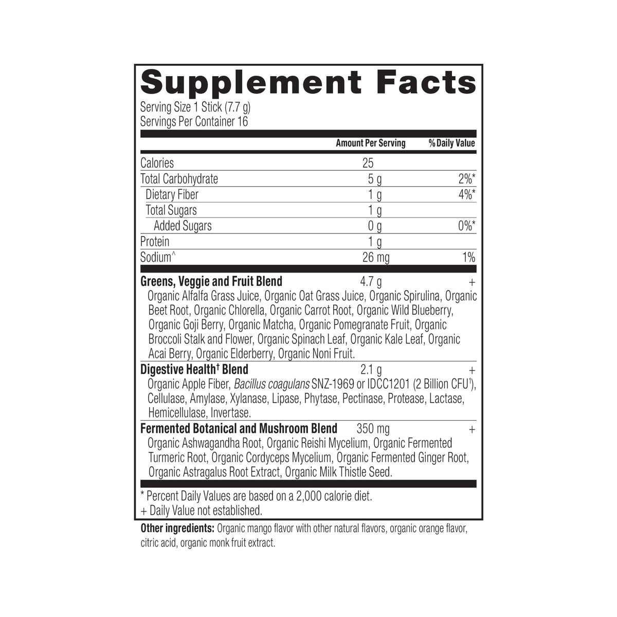 Organic SuperGreens Powder Mango Flavor 16 Count Box supplement label