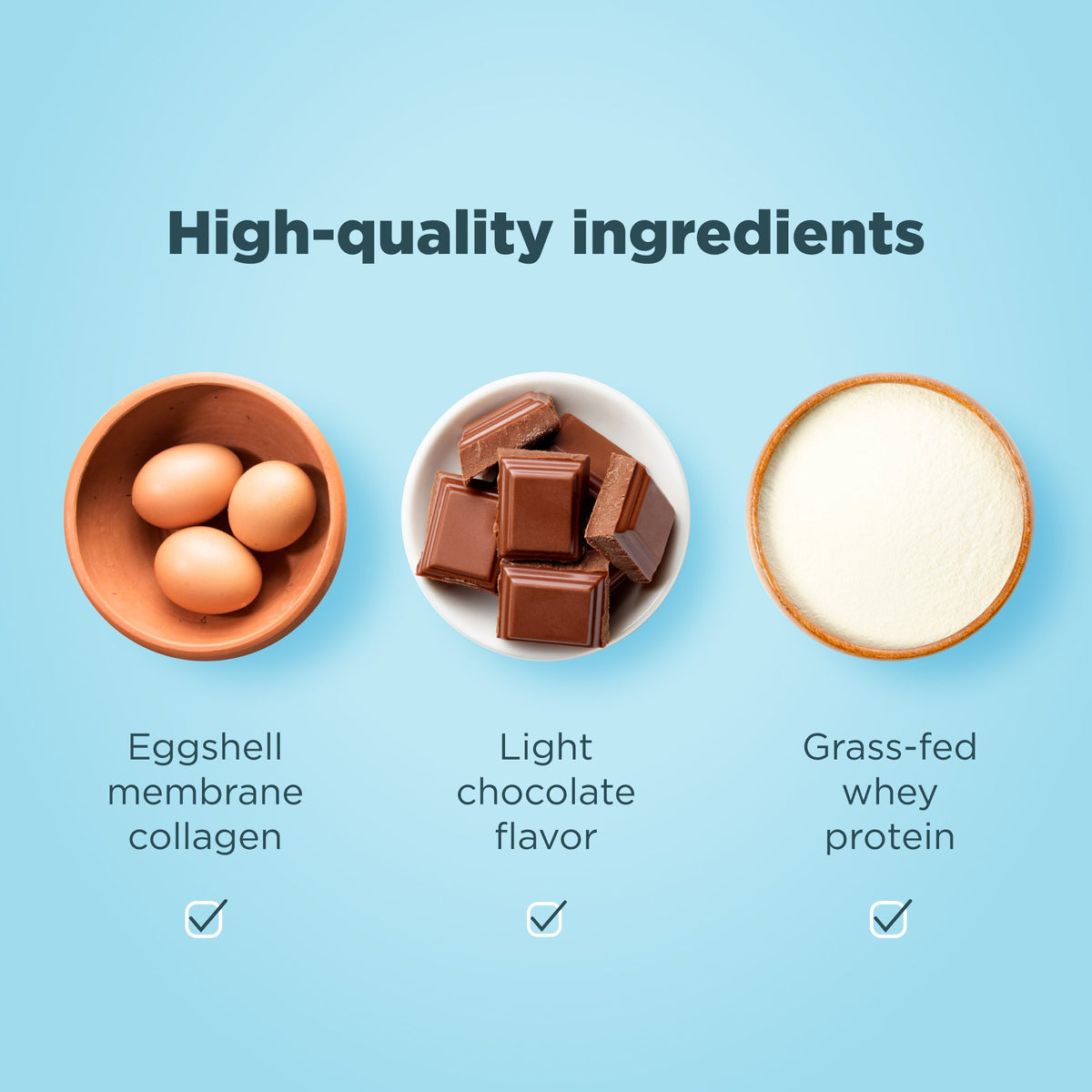 Three bowls with eggshells, chocolate pieces, and a white powder on a blue background, labeled as high-quality ingredients.