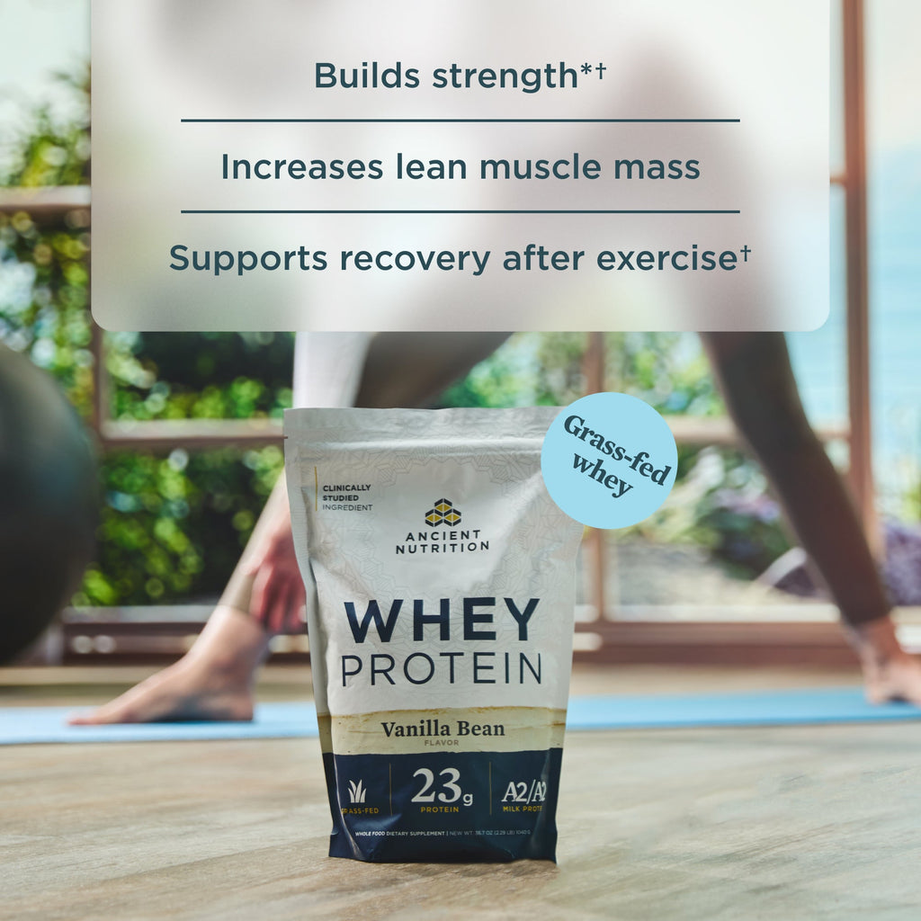 a bag of Whey Protein Powder Vanilla (35 Servings) that calls out "grass fed whey"