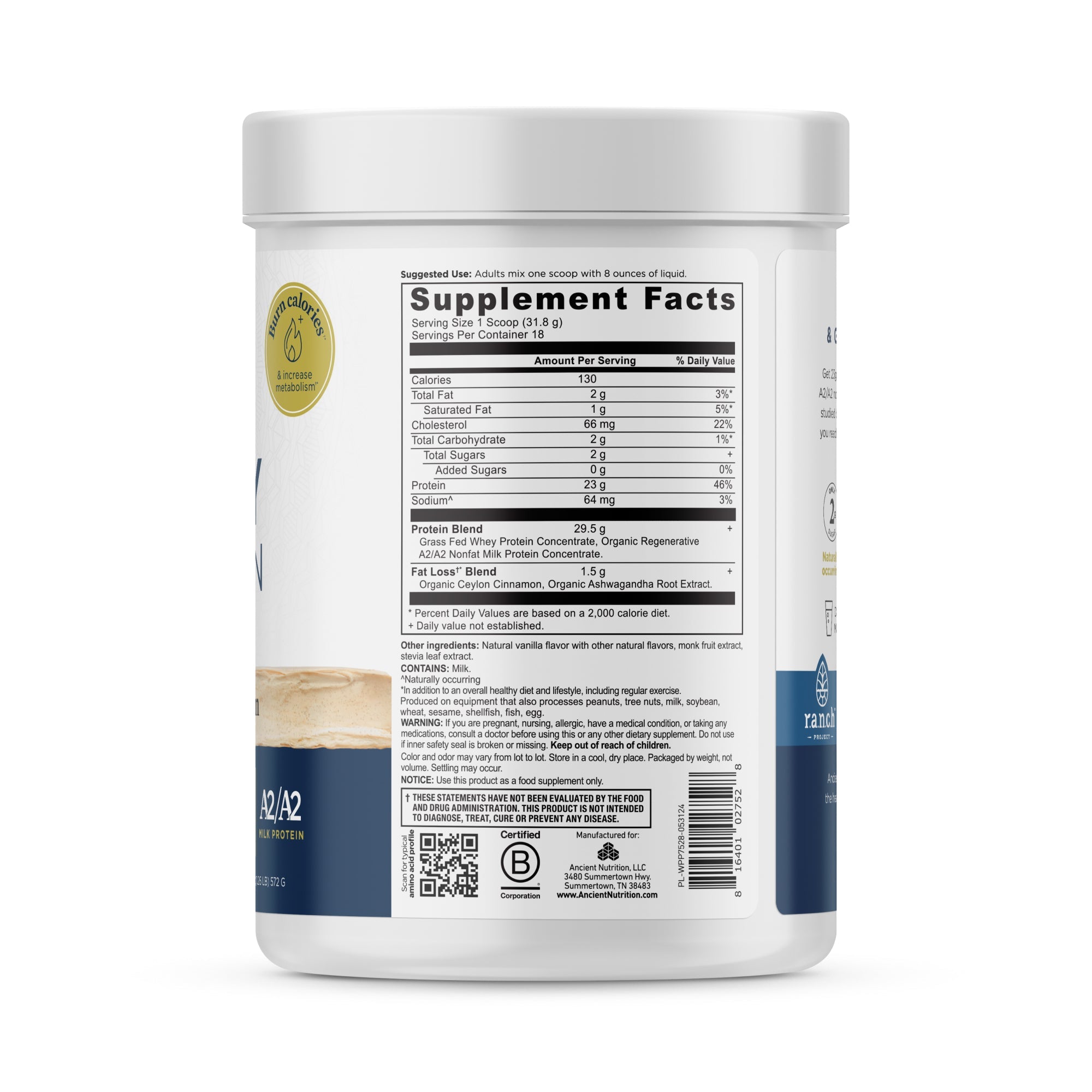 Whey Protein Lean Cinnamon Vanilla (18 Servings)  back of bottle