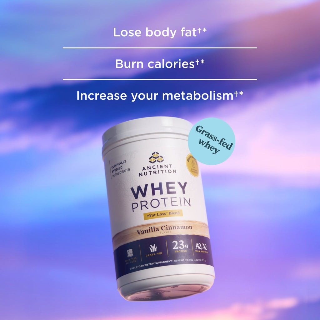 Whey protein container with text on a colorful gradient background