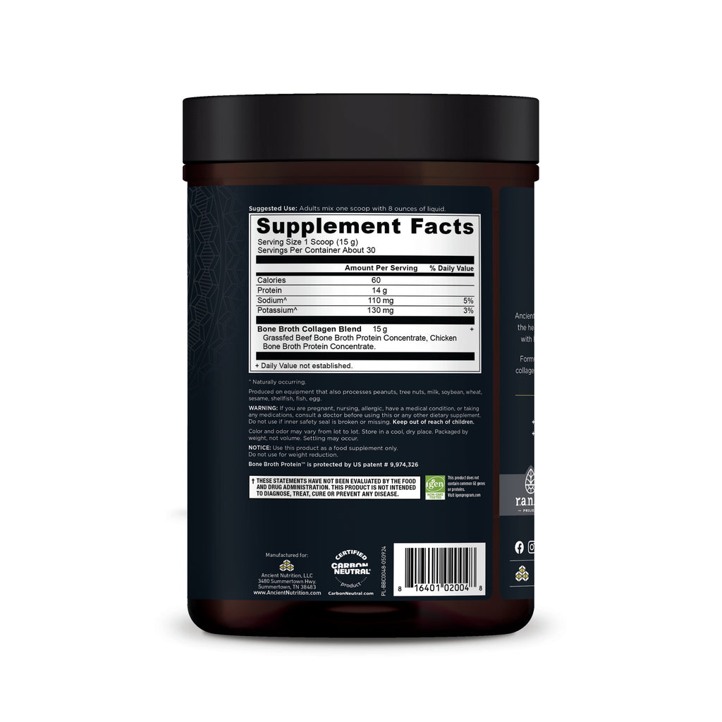 Bone Broth Collagen Protein Powder Pure (30 Servings) Side Panel with Supplement Facts.