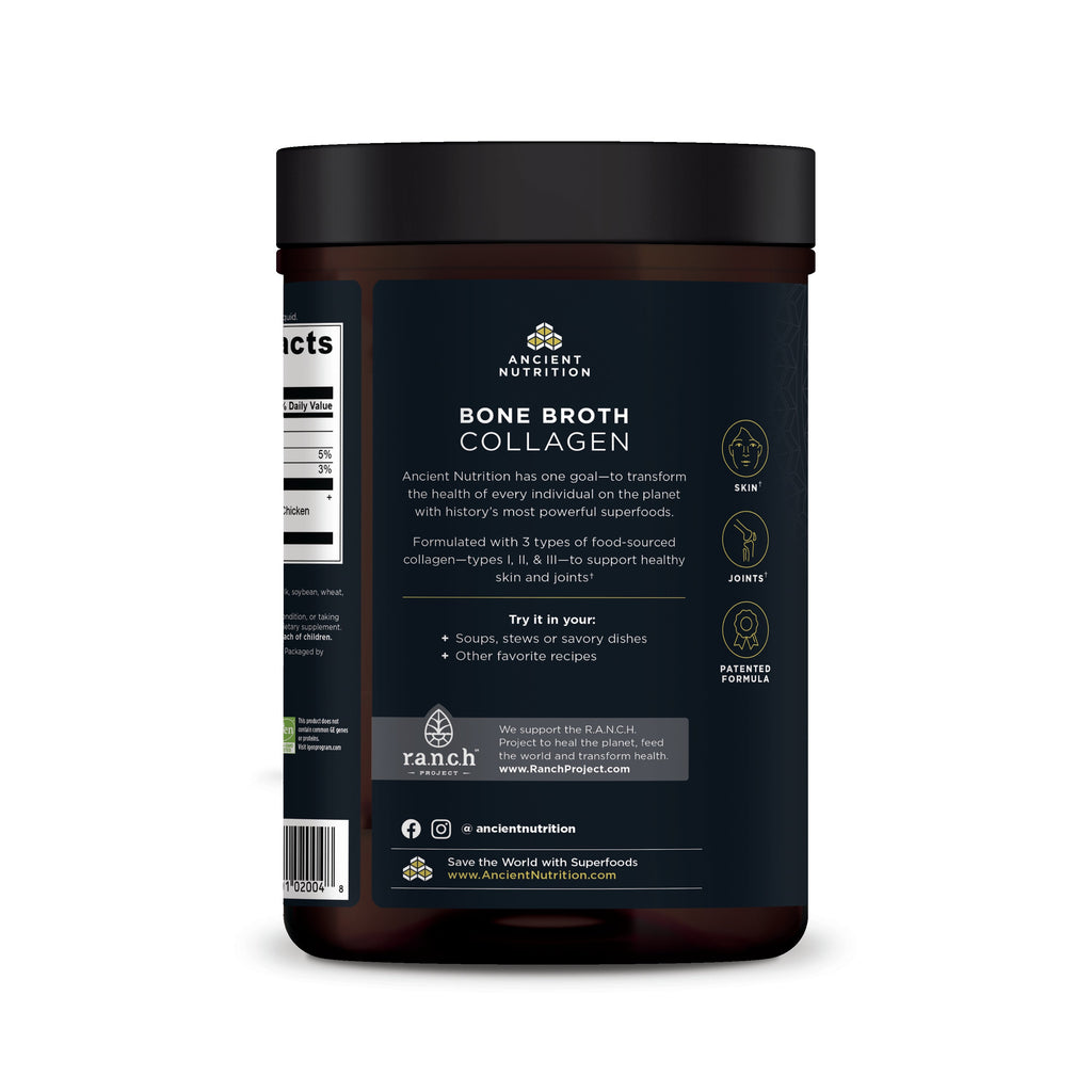 Bone Broth Collagen Protein Powder Pure (30 Servings) side view of bottle