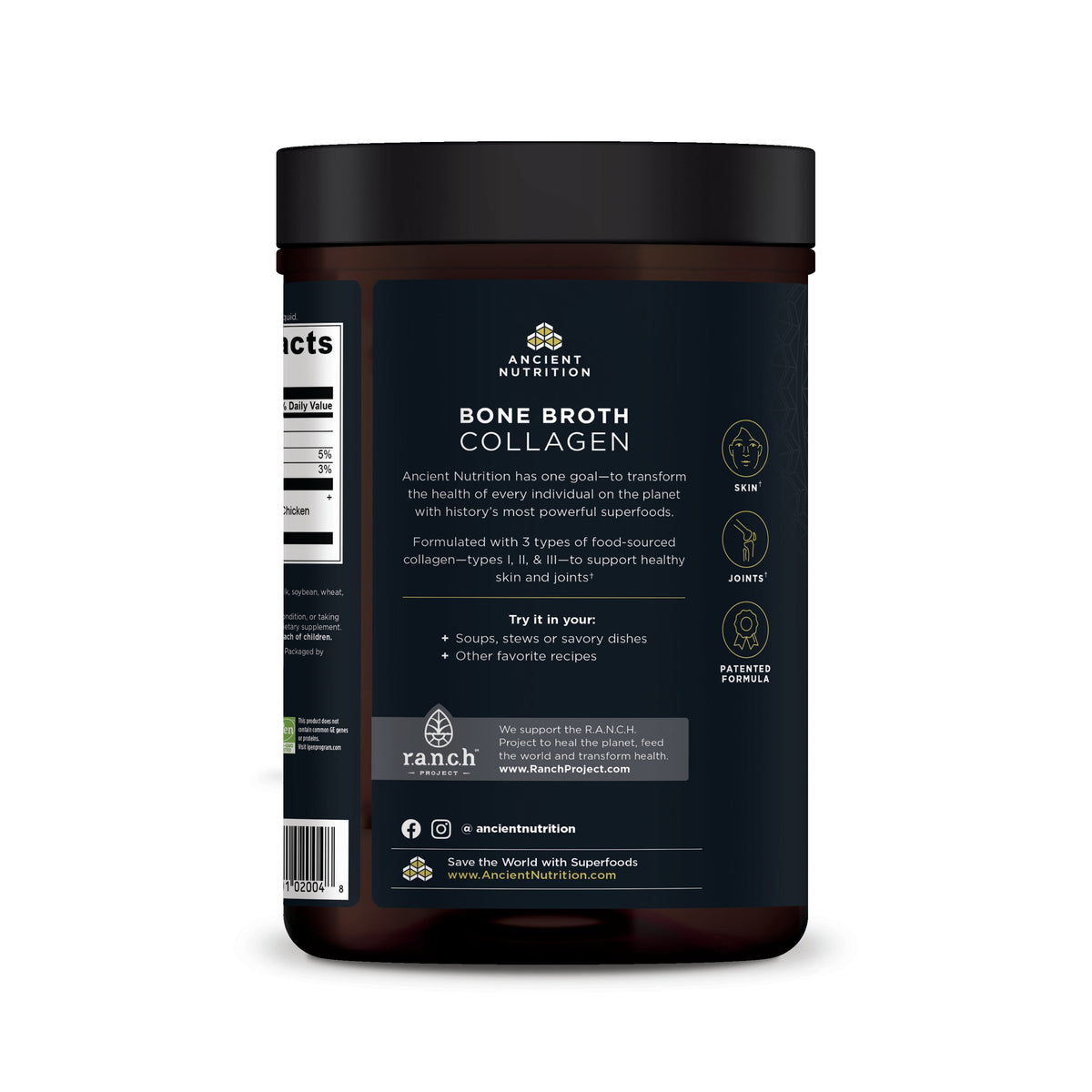Bone Broth Collagen Protein Powder Pure (30 Servings) side view of bottle