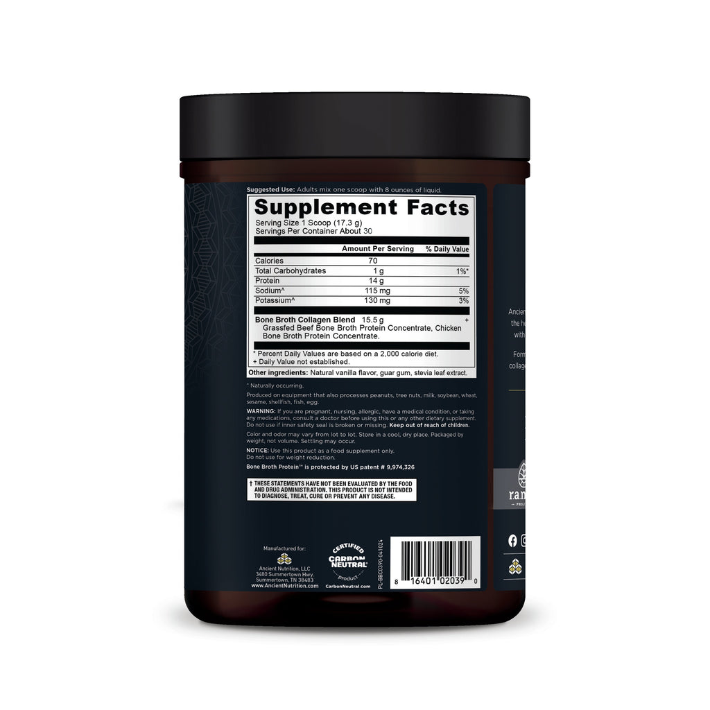 Bone Broth Collagen Protein Powder Vanilla (30 Servings) side of bottle image