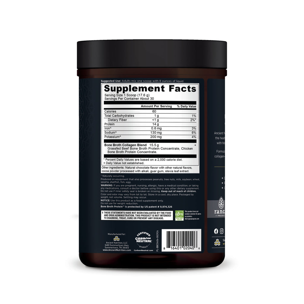 Bone Broth Collagen Protein Powder Chocolate (30 Servings) side of bottle