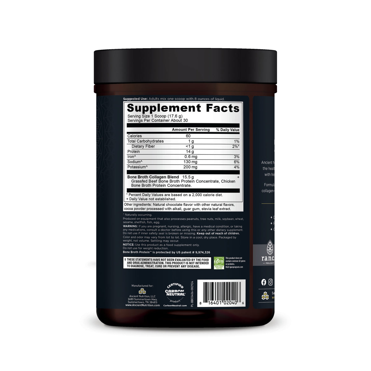 Bone Broth Collagen Protein Powder Chocolate (30 Servings) side of bottle
