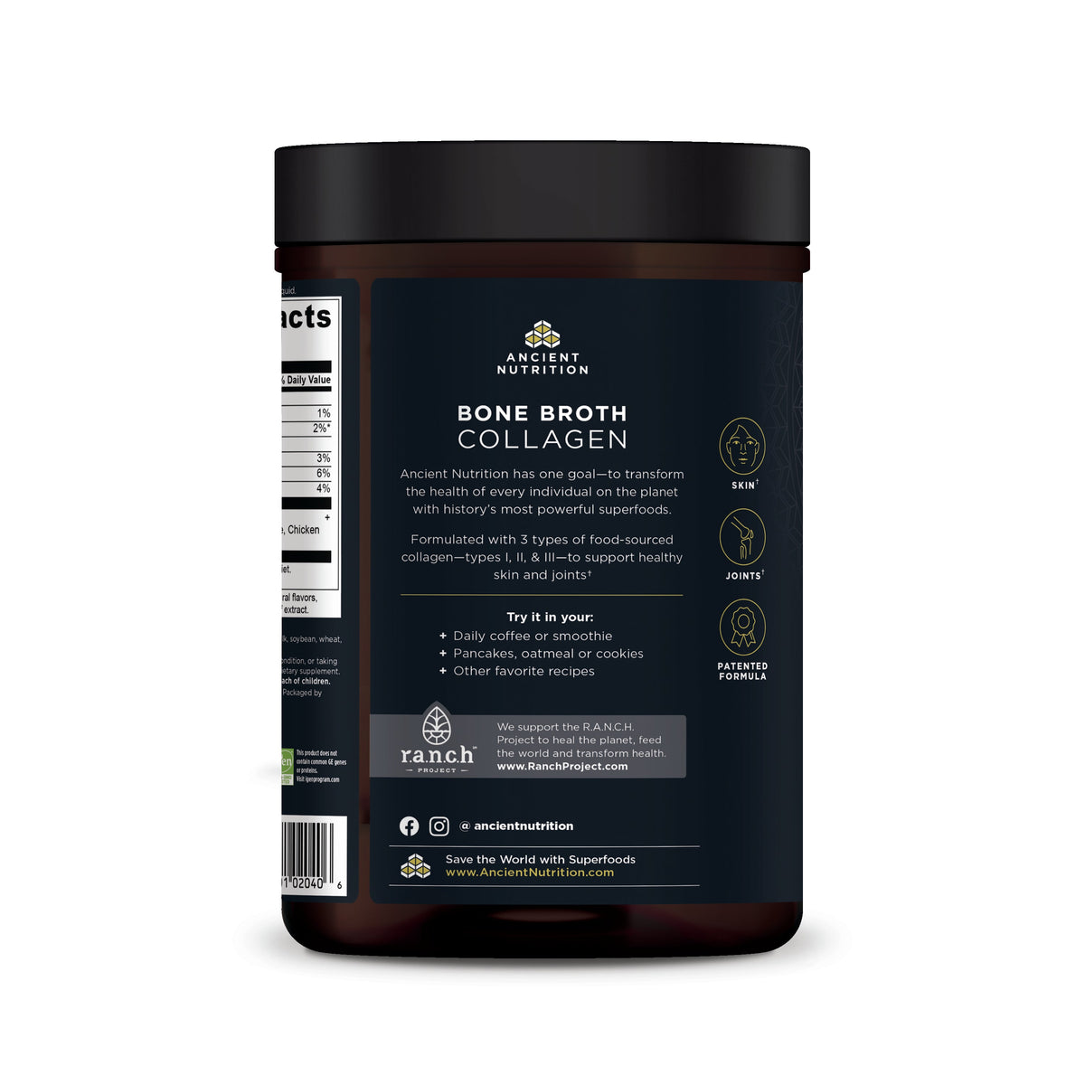 Bone Broth Collagen Protein Powder Chocolate (30 Servings) back of bottle