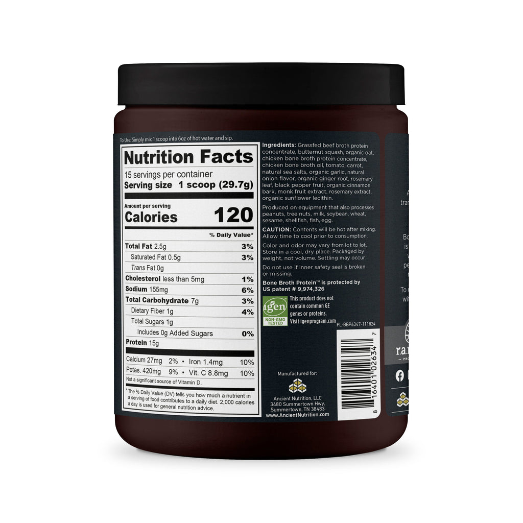 Bone Broth Protein Powder Butternut Squash (15 Servings) side of bottle