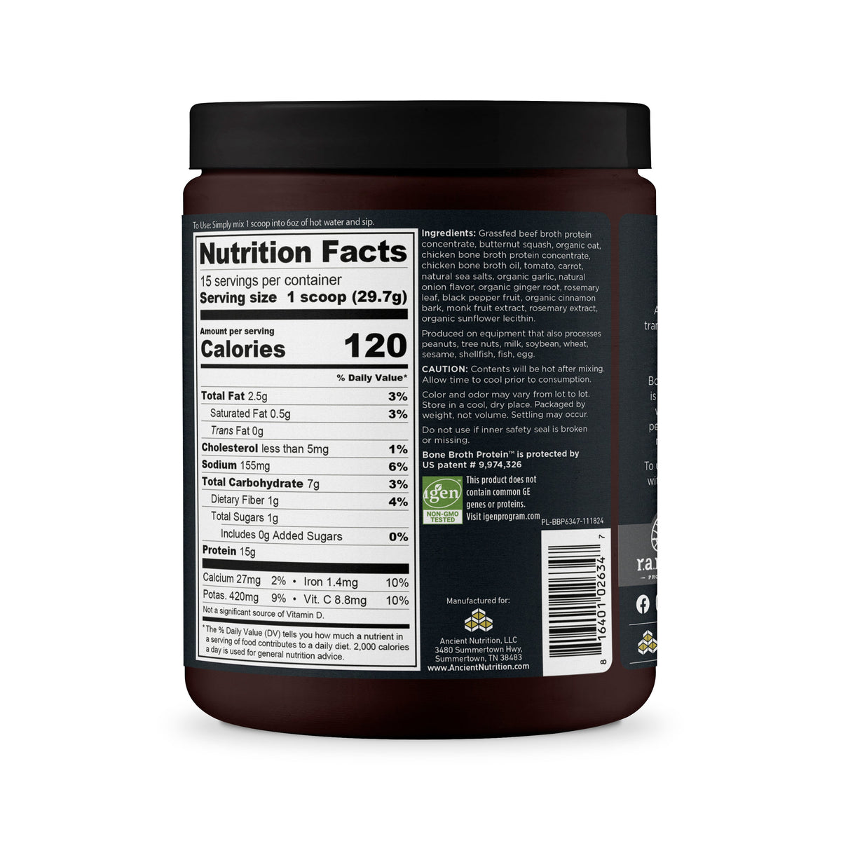 Bone Broth Protein Powder Butternut Squash (15 Servings) side of bottle