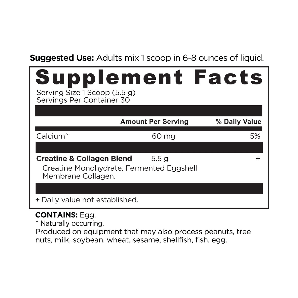 Creatine + Collagen Powder Unflavored (30 Servings) supplement facts panel