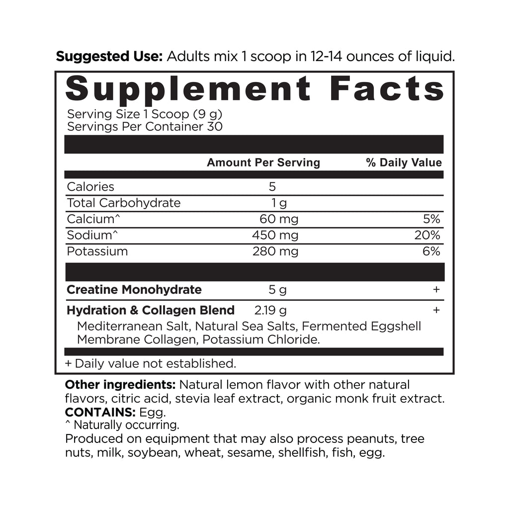 Creatine + Collagen + Electrolytes Powder Lemon (30 Servings) supplement facts panel