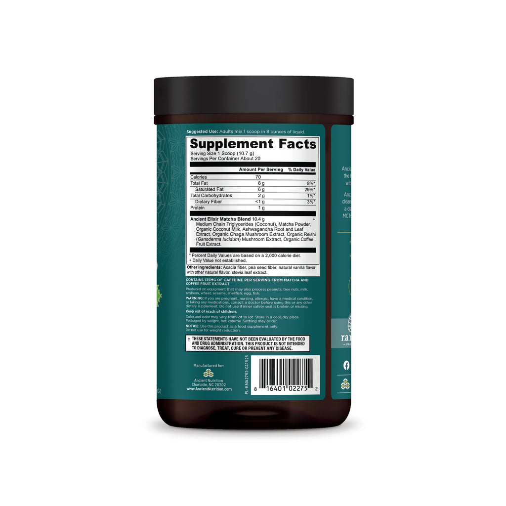 Ancient Elixirs Superfood Matcha Powder (20 Servings) side of bottle