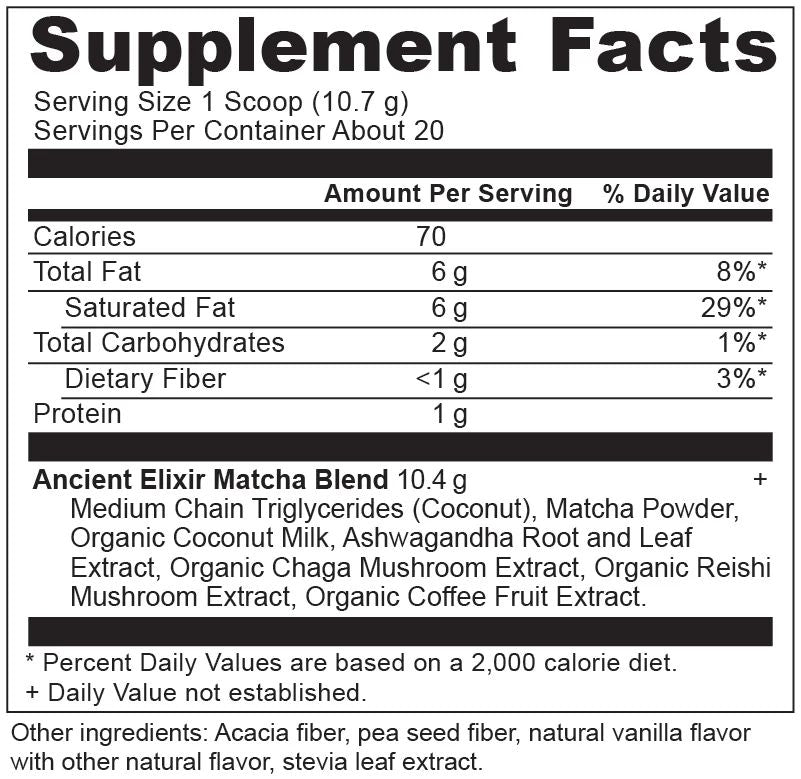 Ancient Elixirs Superfood Matcha Powder (20 Servings) supplement facts label