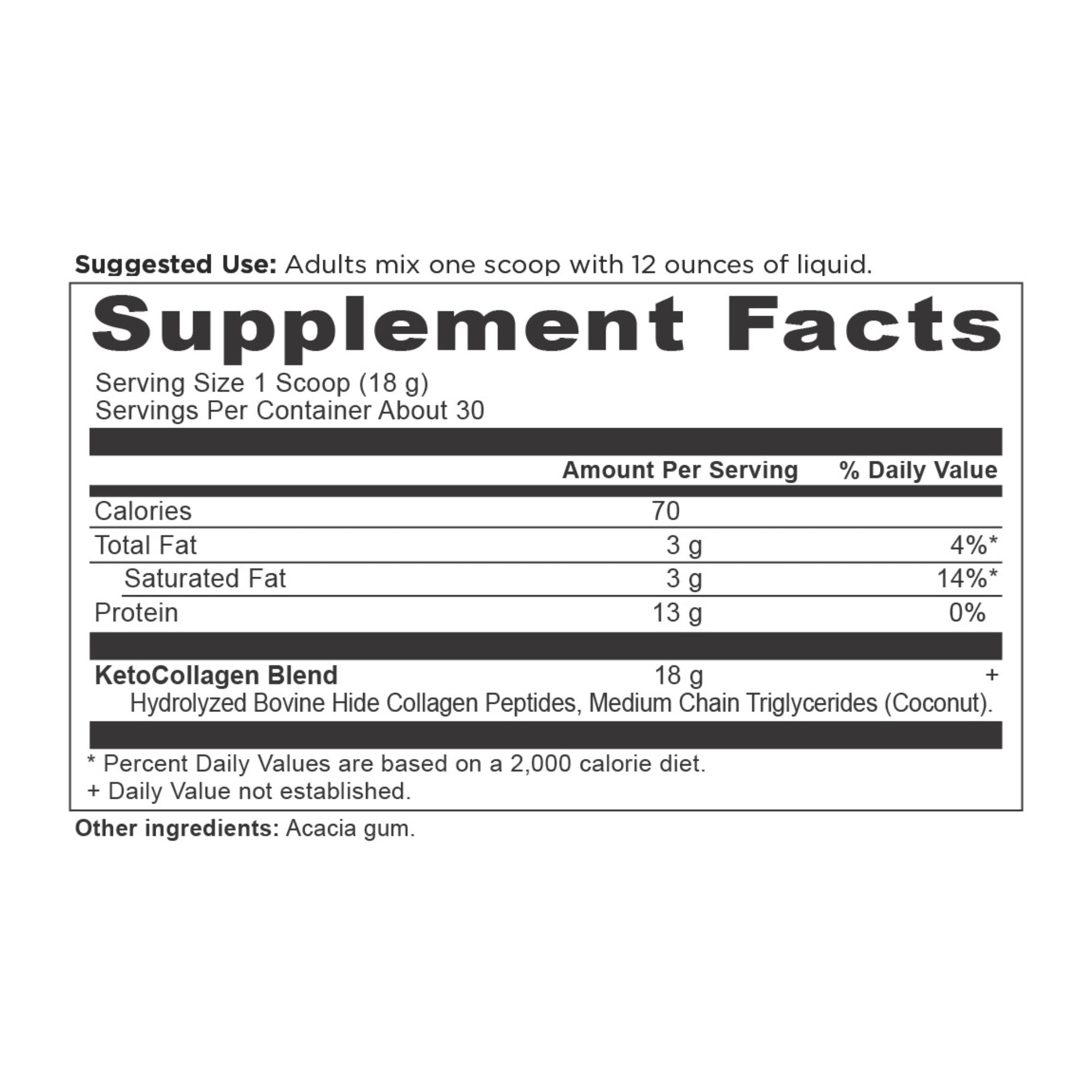 Keto Collagen Protein Powder Pure (30 Servings) supplement facts panel