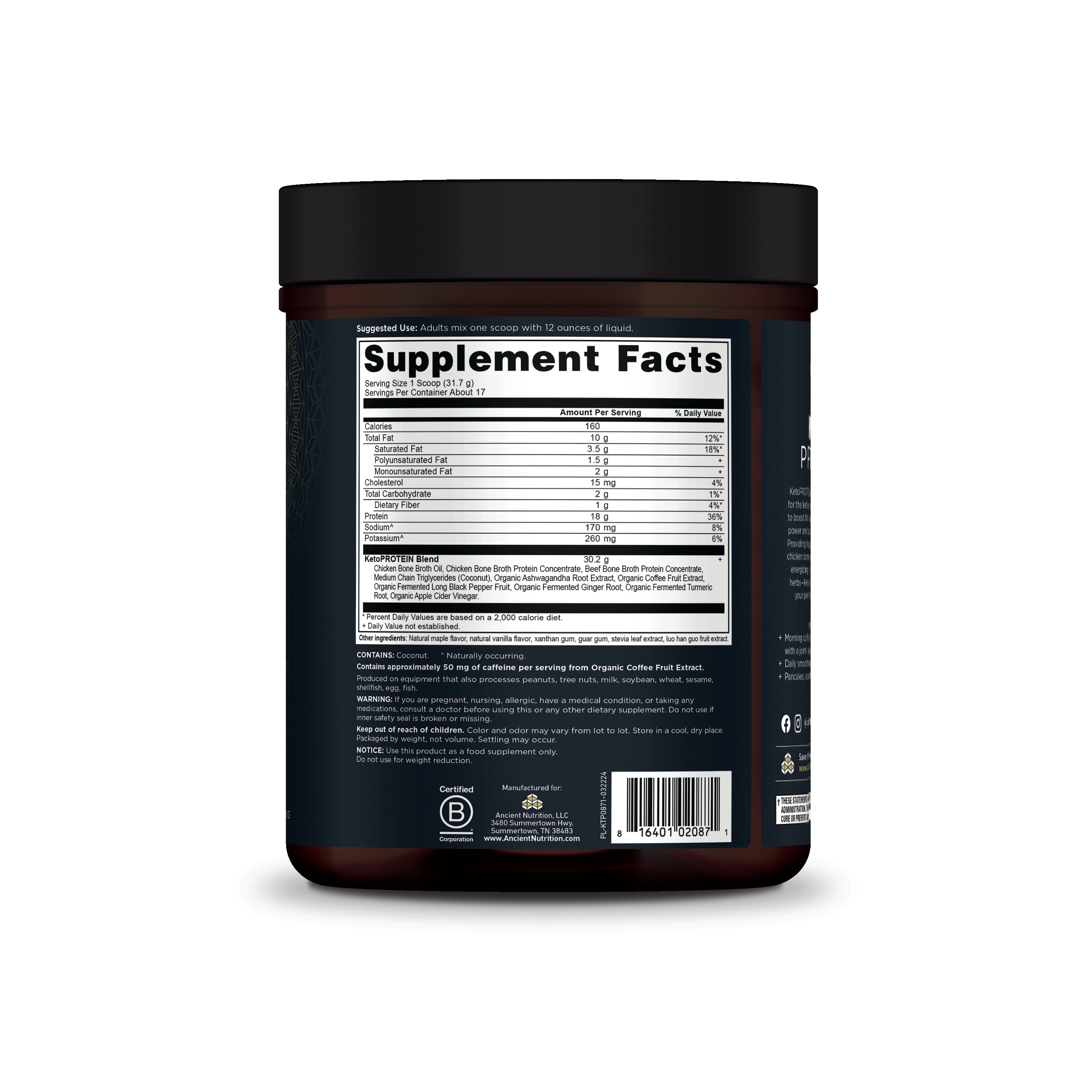 Keto Protein Powder Vanilla (17 Servings) back of bottle